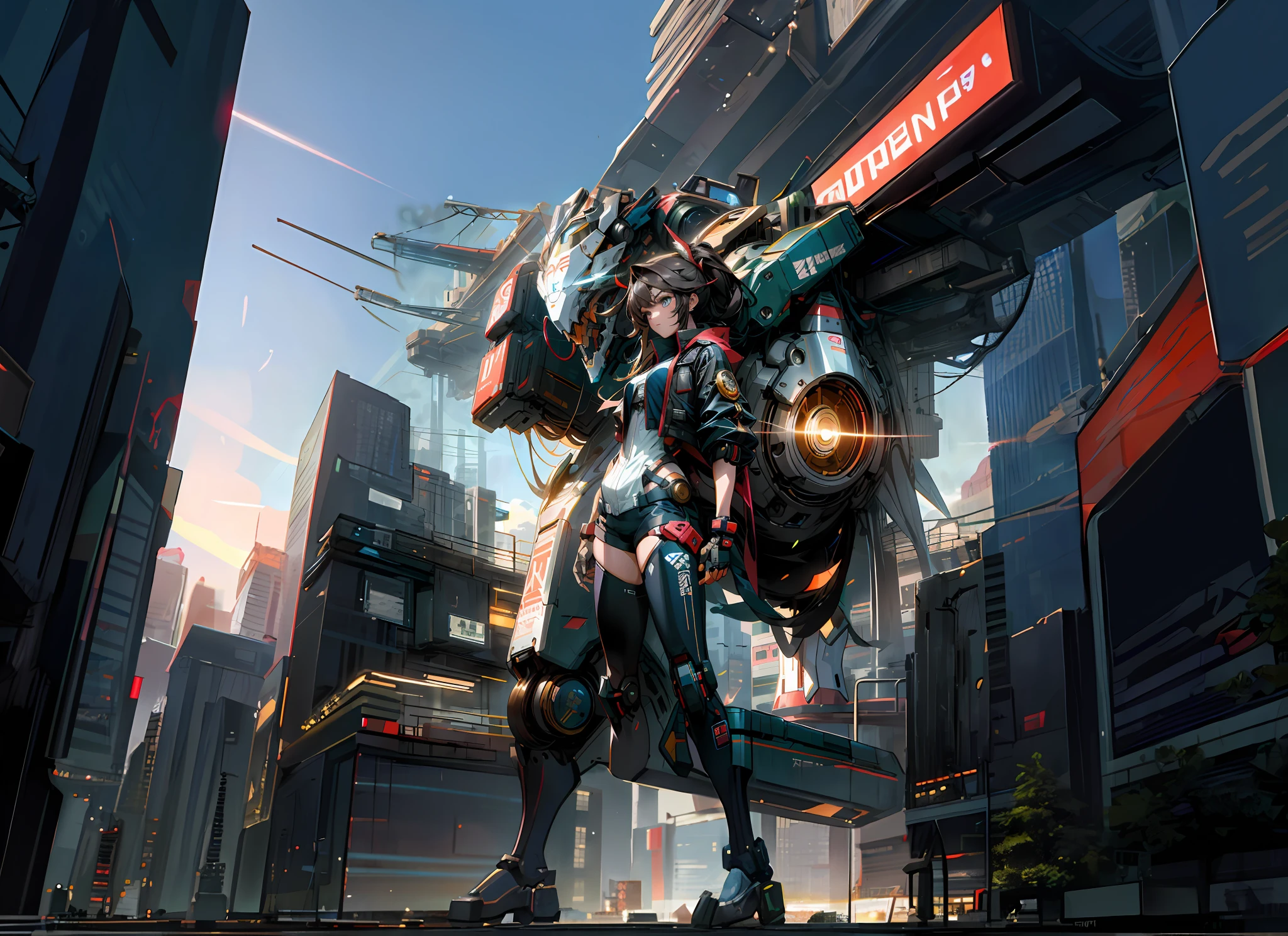 a girl with cyberpunk outfit standing next to a mecha in a future city, metropolitan city, clear sky