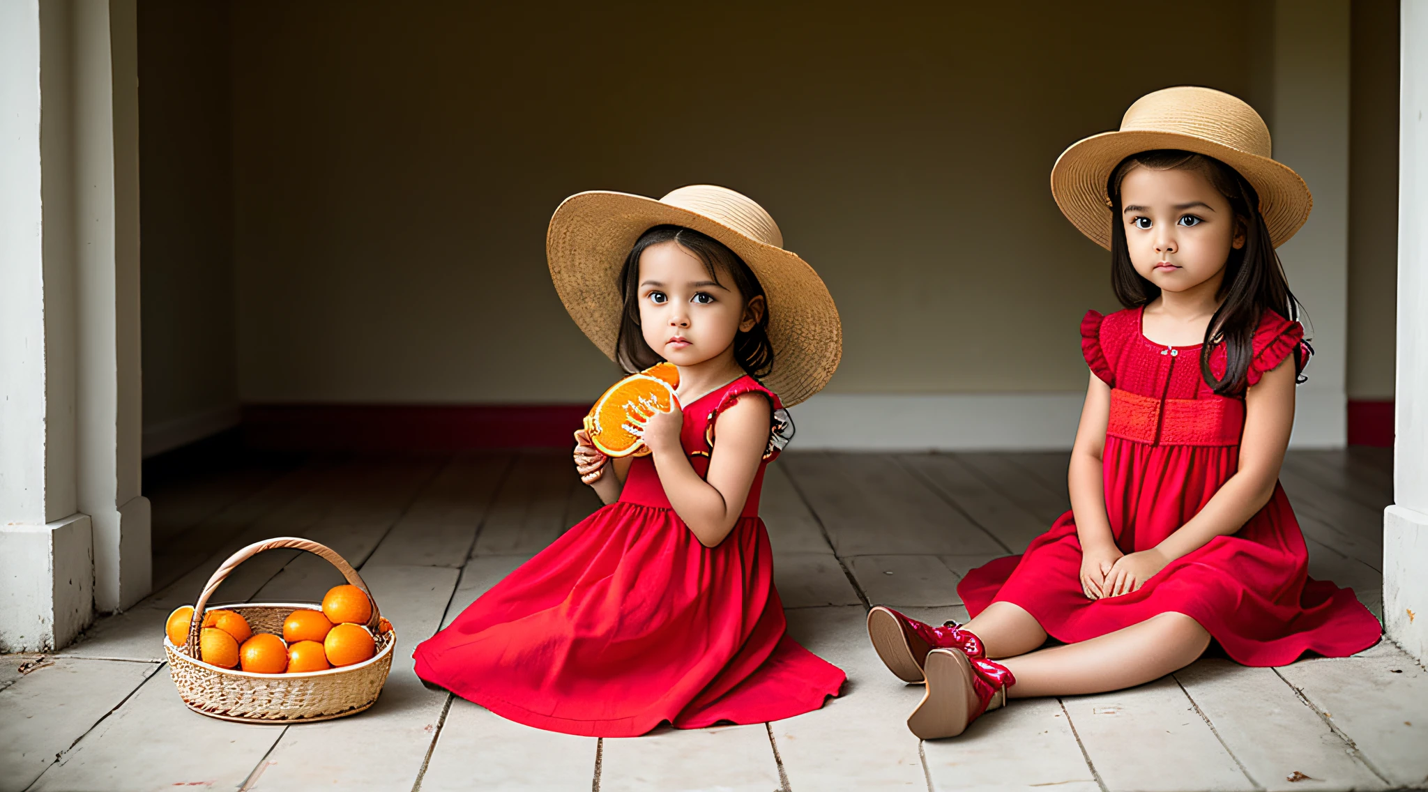 there is a GIRL CHILD EARS otting on the floor holding a basket of oranges, wearing RED dress, photo shoot, photo shoot, , gorgeous young model, red dress and hat, promotional photo shoot, with straw hat, cute girl, modeling essay, by Gavin Hamilton, solo photo essay, beautiful girl, modeling photography