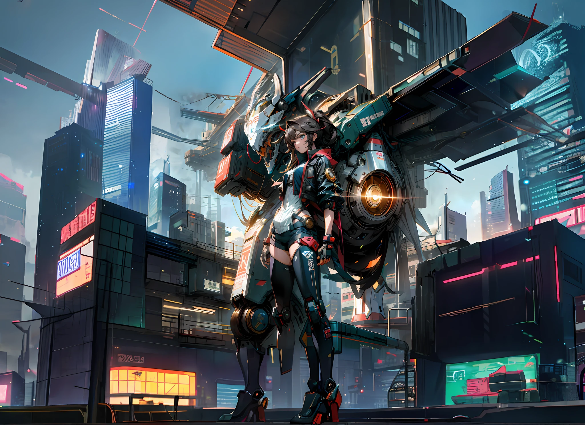 a girl with cyberpunk outfit standing next to a mecha in a future city, metropolitan city, clear sky