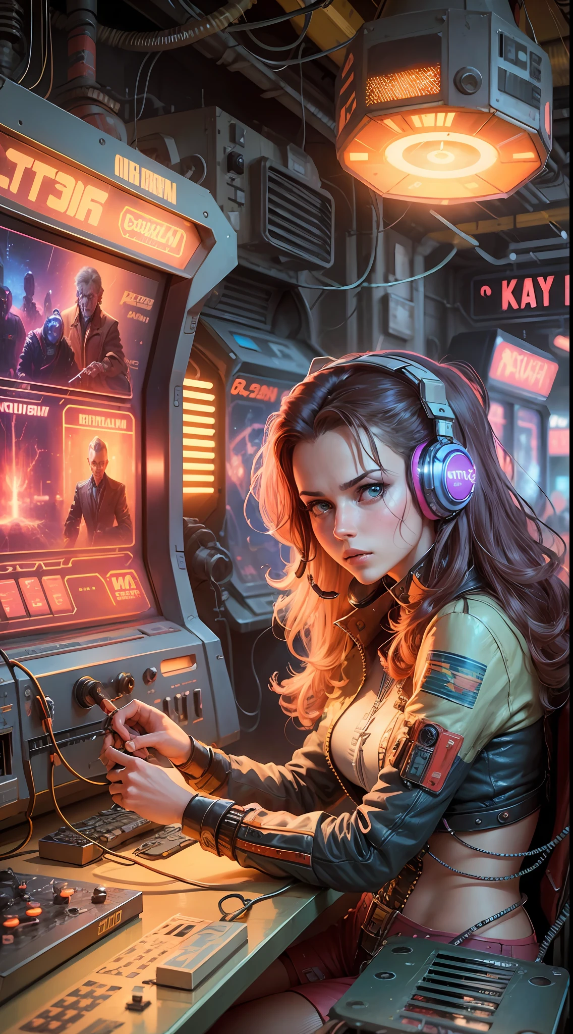 A retrofuturism scene of an arcade wired mess on computer, analog technology, mechanical delay, wiring components, ultrago austin metal wiring, iris van Buren, Karol Bak, Kiichi Obituary by Beksinski, david falls fanart gadget machine --auto --s2