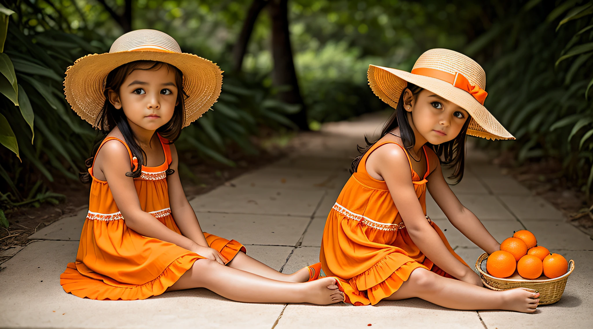 there is a GIRL CHILD 12 YEARS old, sitting on the floor holding a basket of oranges, wearing orange sun dress, photo shoot, photo shoot, , gorgeous young model, red dress and hat, promotional photo shoot, with straw hat, cute girl, modeling essay, by Gavin Hamilton, solo photo essay, beautiful girl, modeling photography