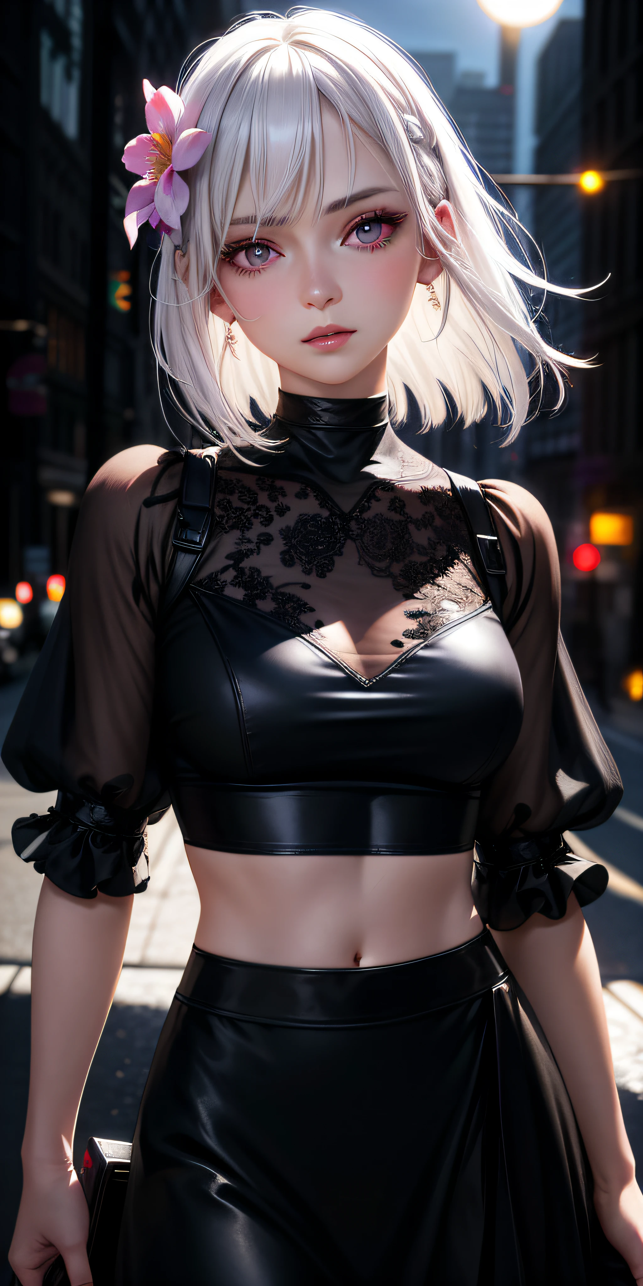 Realistic, 1girl, white hair, purple eyes, glowing eyes, cropped top, skirt, parted lips, blush, night, flowers, sun, sunlight, maide, black silk