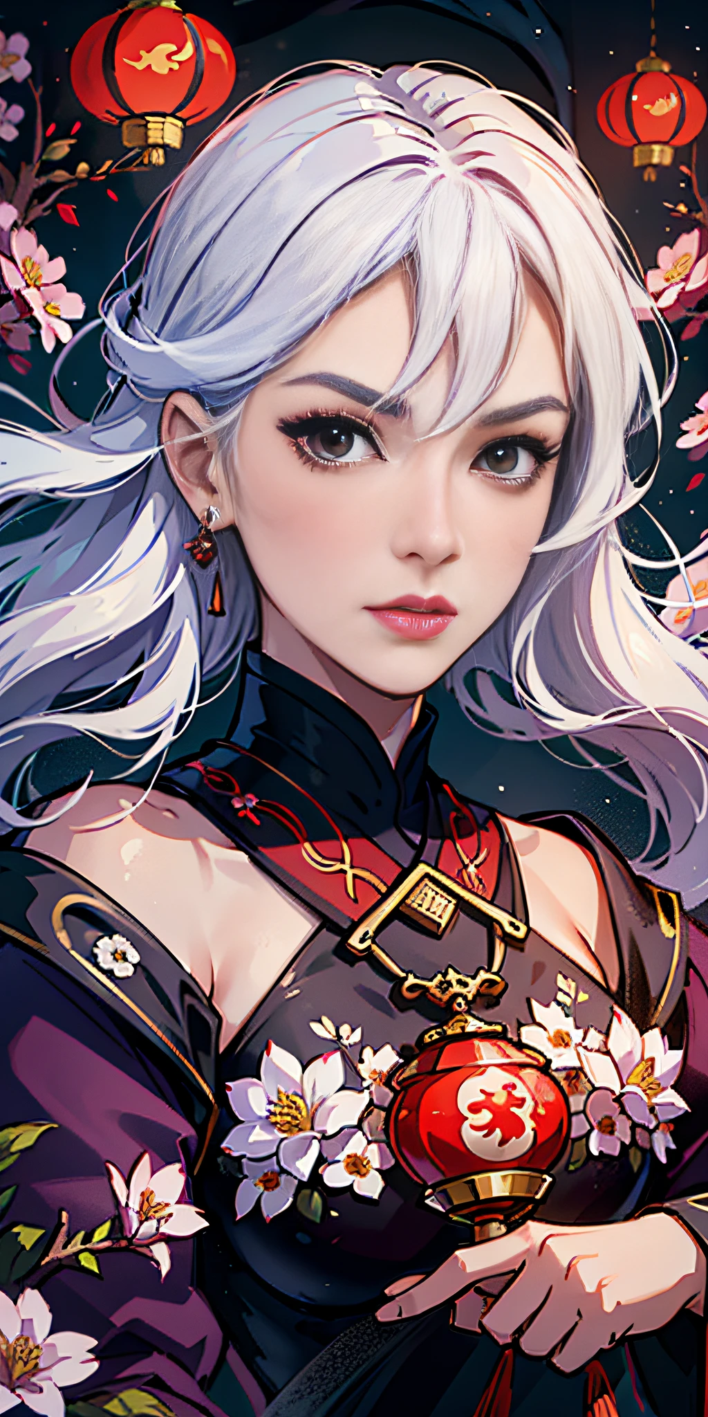 (8K quality: 1.3), (Best image quality: 1.2), 1 female, (face details), perfect face, sexy face shape, unique, (overall detail details: 1.4), (imperial water), Chinese Hanfu, flowers, perfect combination of dream and fairy, (masterpiece: 1.2), Tang Dynasty oversized clothing mopping, Tang Dynasty exquisite accessories, crown, served look, arrogant, wonderful, beauty, overall center alignment, beautiful scenery, red lantern, smoke, illusion, soaring, red carp, imperial sword, clothes floating, inflatable airflow, killing enemies, doppelganger, flower art, white hair