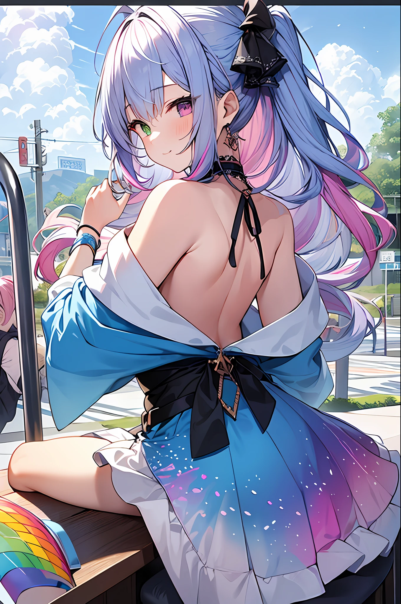 (Masterpiece, Best Quality, Best Quality, Watercolor (Medium), Official Art, Beautiful and Aesthetic: 1.2), (1 Girl: 1.3), (Fractal Art: 1.3), Full Body, (Chair), ((Back View)), Pattern, (Irridescent Hair, Colorful Hair, Half Blue and Half Pink Hair: 1.2), Blue Sky, Clouds, Colorful, Smile, Glasses, Close Up, Heterochromia, (Colorful: 1.5), (Shy Face), (Rainbow)), (( Clothes with wide open back)), {{back}}