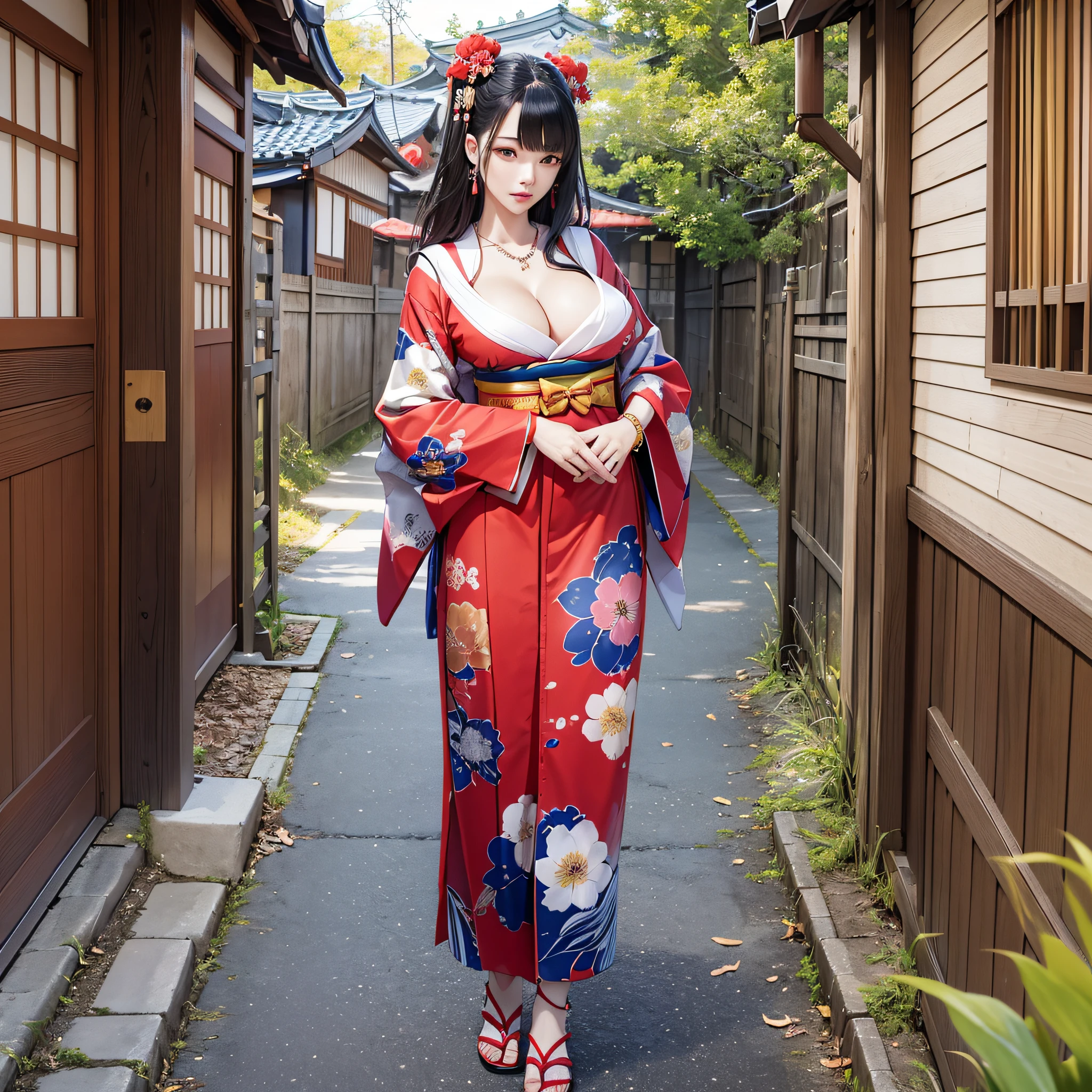 (Cinematic Light, Top Quality, 8K, Masterpiece: 1.3), (World Wonderful, Japan Goddess, Japan Beautiful Girl, Korean Goddess), (Full Body), One Girl, (Necklace, Bracelet, Anklet, Leg Ring), (Huge Breasts, Cleavage, Exposed Breasts, Sexy Cleavage, Very Detailed Breasts), (Colossal), À la Fed Woman in Kimono, Hakama Kimono, Complex Hakama, Hakama, Hakama wide-legged hakama trousers, classic kimono, kimono, Japan kimono, long beautiful flowing kimono, complex geisha kimono, red kimono with floral pattern, Japanese style, wearing kimono, inspired by Kano Hogai, --auto --s2