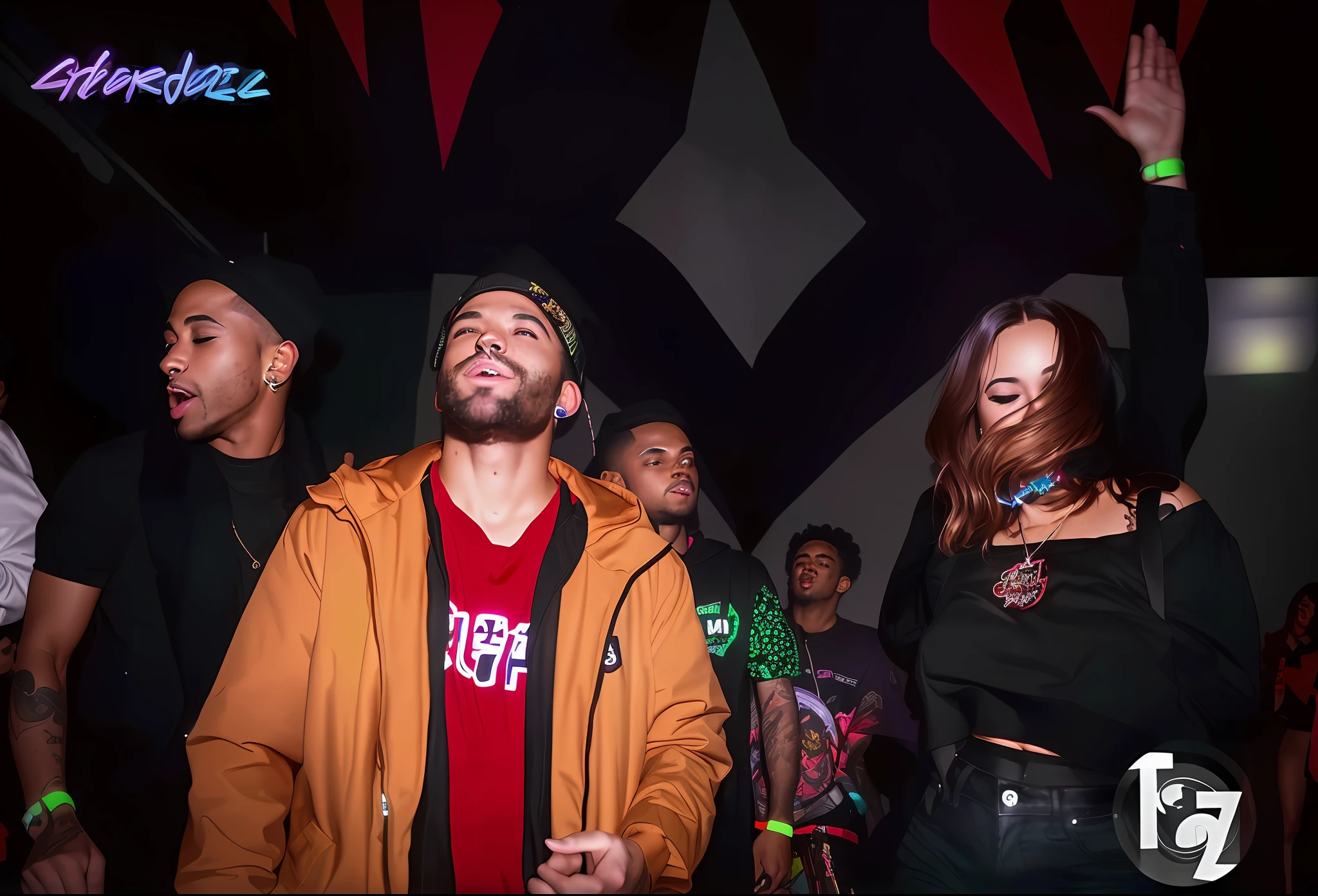 several people are standing in a room with a neon sign, “house music rave with dancers, photograph of three ravers, everyone having fun, people enjoying the show, group of people in a dark room, crowd of cool people dancing, scene from a rave, amen beats jungle party, goblins partying at a rave, background bar, people dancing in background
