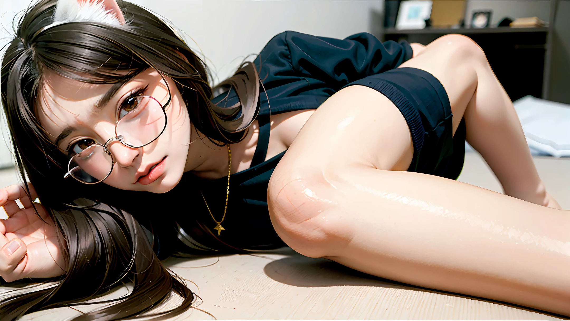 Cat ears, loli, glasses, long hair, facial paralysis