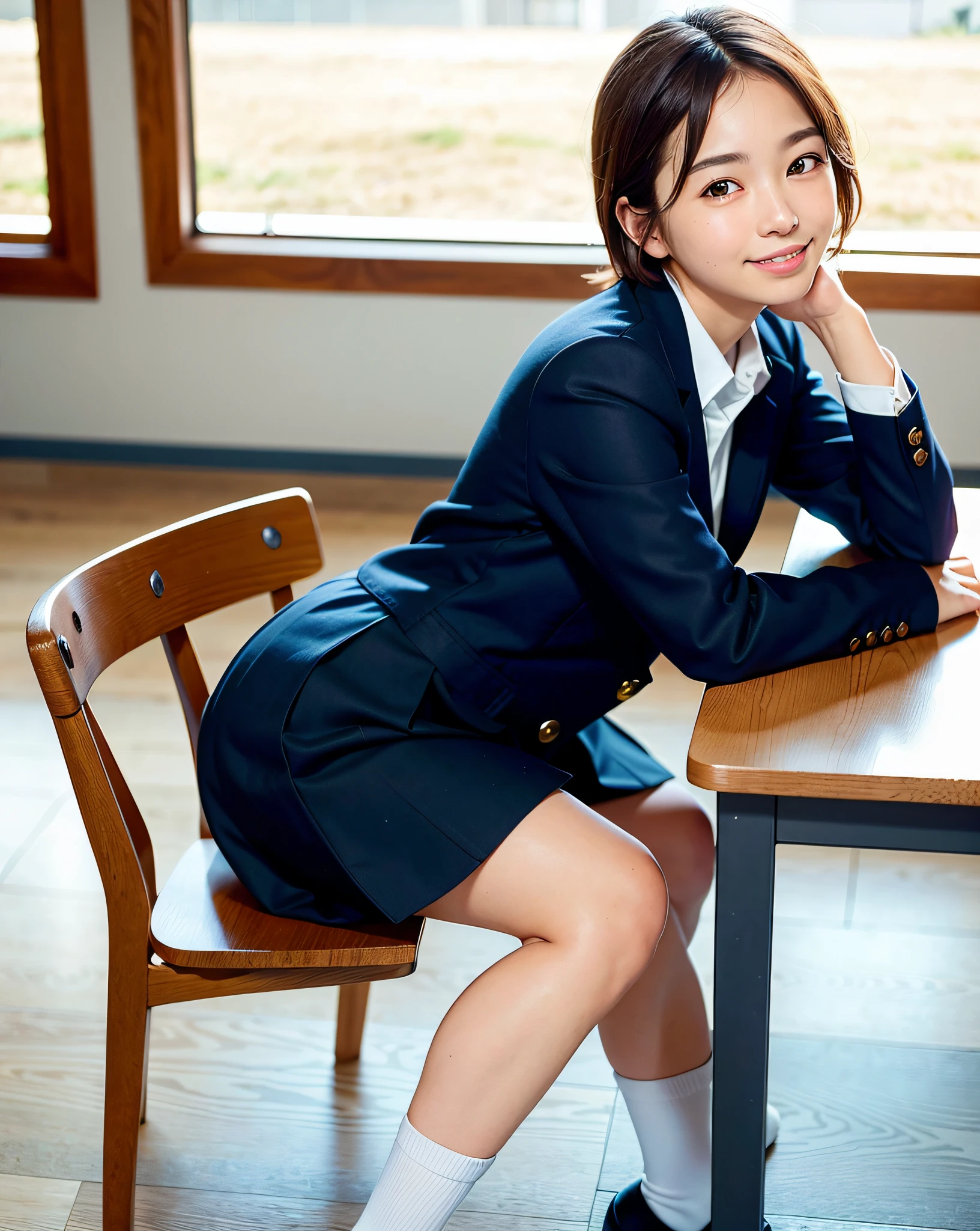 best quality, face focus, soft light, (depth of field) ,ultra high res, (photorealistic:1.4), RAW photo,
(upper knees:1.4) ,(from side)
1japanese girl, solo, cute, (shy, smile:1.1), (brown eyes), detailed beautiful face, (short hair ),
High School Classroom, (sit chair),
(school uniform:1.4,navy skirt,navy Blazer)