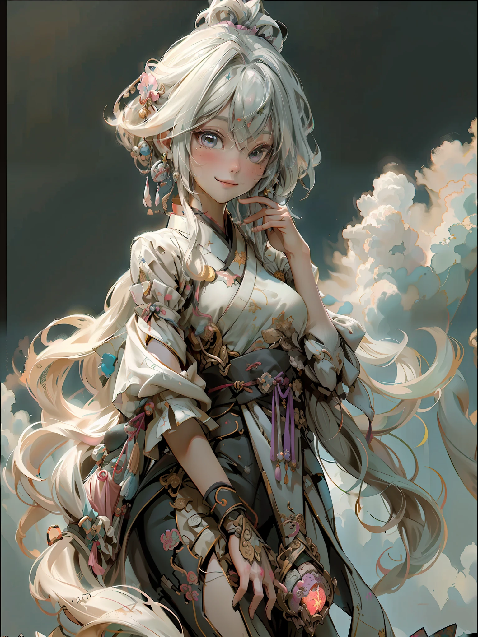 Official Art, Unified 8K Wallpapers, Ultra Detailed, Beautiful and Aesthetic, Masterpiece, Best Quality, (Zentangle, Tangle, Entangle), (fractal art: 1.4), 1girl, very detailed, dynamic angle, cowboyshot, (most beautiful form chaos), ethereal, (bright colors), oc, (full body: 0.8), china, (thangka flying sky: 1.5), (ribbon: 1.3), (dream: 1.5), (hanfu: 0.7), (smile: 0.5), (Chinese deity), upper body close-up