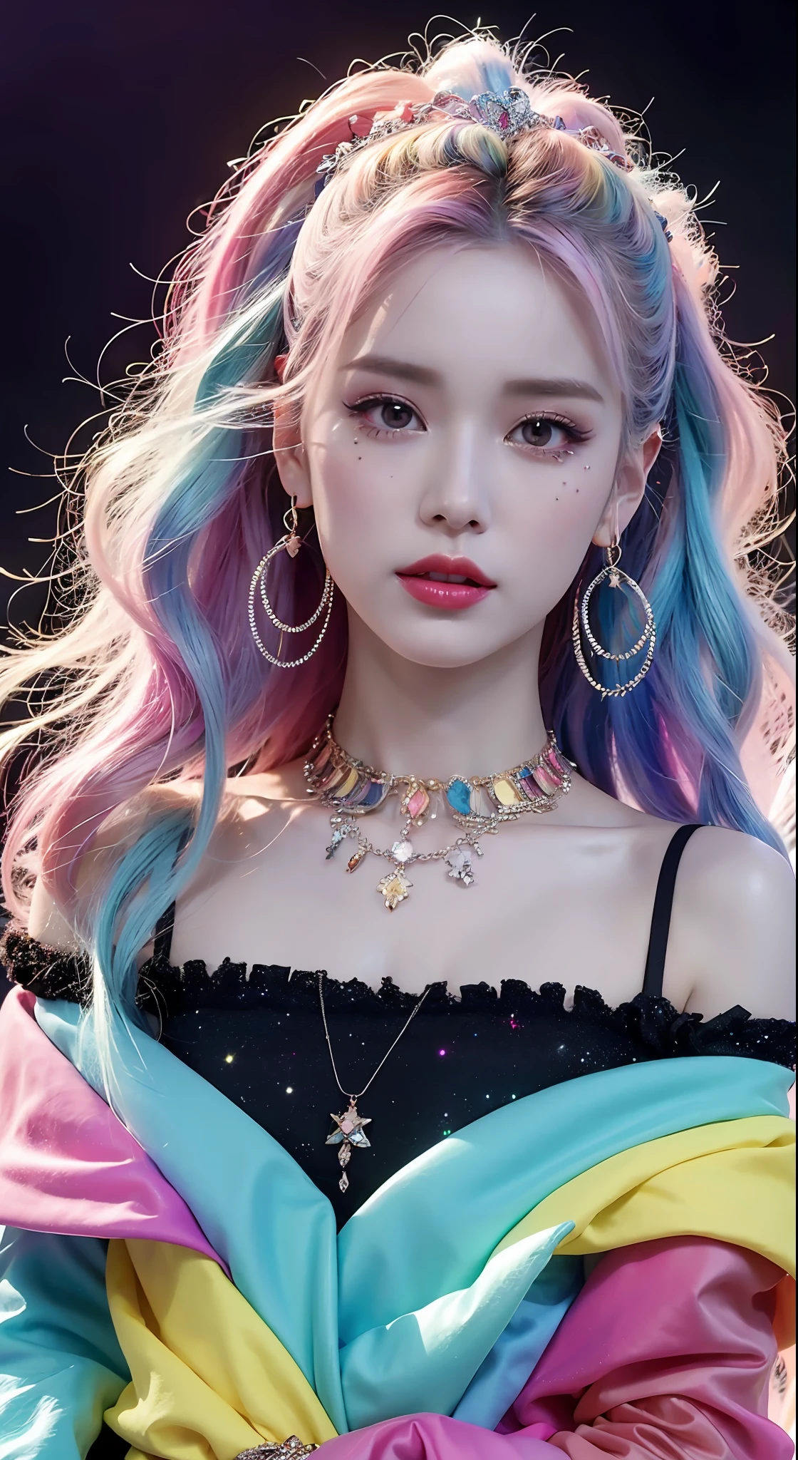 18 years old, incomparable white face, close-up of a woman, black background, hanging with colorful jewelry, off-the-shoulder clothes, colorful, fantasy art style, colorful pastel, beautiful colorful hair, cute colorful cute, anime style. 8k, beautiful and colorful, anime girl with cosmic hair, inspired by Seihiko-kun, colorful aesthetics, colorful dreams, colorful, ((beautiful fantasy queen))