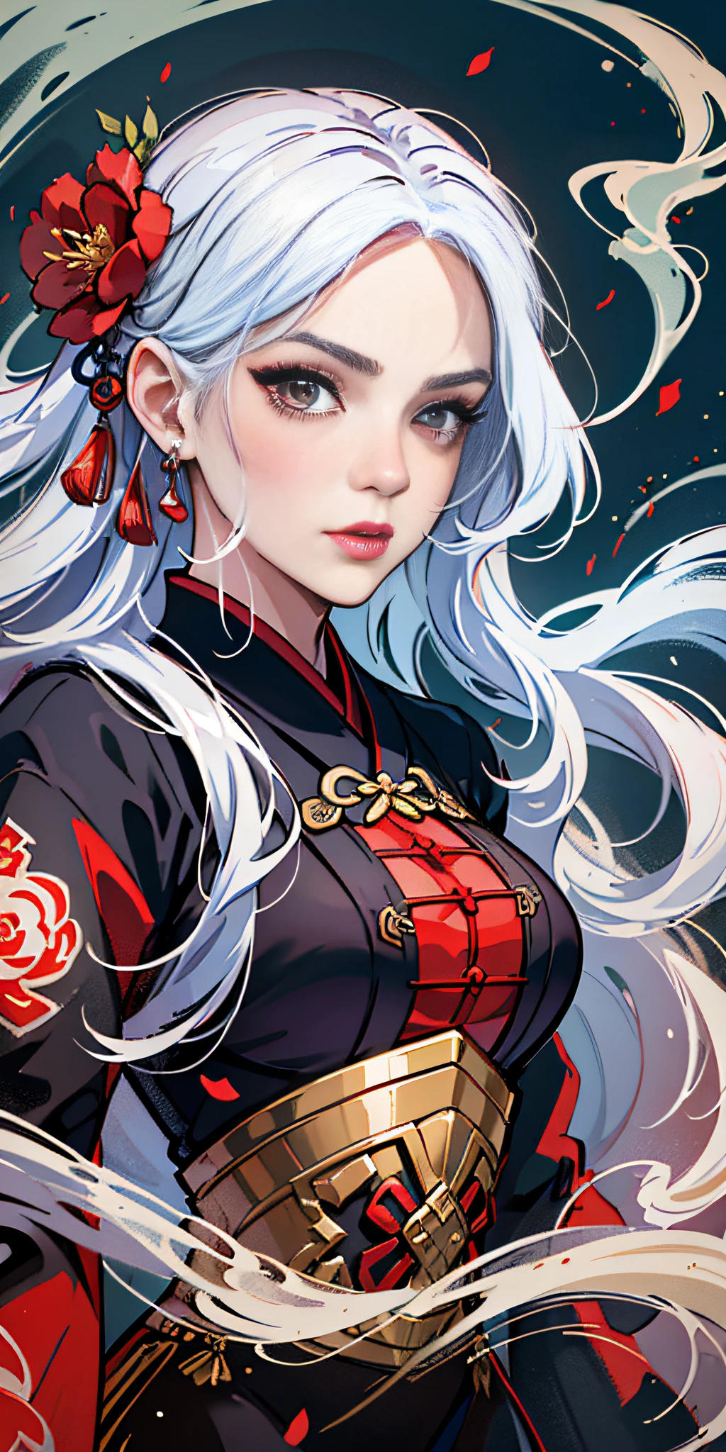 (8K quality: 1.3), (Best image quality: 1.2), 1 female, (face details), perfect face, sexy face shape, unique, (overall detail details: 1.4), (imperial water), Chinese Hanfu, flowers, perfect combination of dream and fairy, (masterpiece: 1.2), Tang Dynasty oversized clothing mopping, Tang Dynasty exquisite accessories, crown, served look, arrogant, wonderful, beauty, overall center alignment, beautiful scenery, red lantern, smoke, illusion, soaring, red carp, imperial sword, clothes floating, inflatable airflow, killing enemies, doppelganger, flower art, white hair