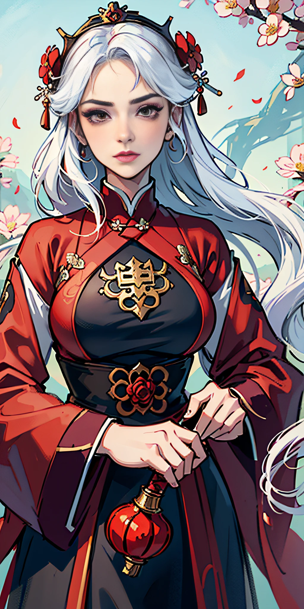(8K quality: 1.3), (Best image quality: 1.2), 1 female, (face details), perfect face, sexy face shape, unique, (overall detail details: 1.4), (imperial water), Chinese Hanfu, flowers, perfect combination of dream and fairy, (masterpiece: 1.2), Tang Dynasty oversized clothing mopping, Tang Dynasty exquisite accessories, crown, served look, arrogant, wonderful, beauty, overall center alignment, beautiful scenery, red lantern, smoke, illusion, soaring, red carp, imperial sword, clothes floating, inflatable airflow, killing enemies, doppelganger, flower art, white hair