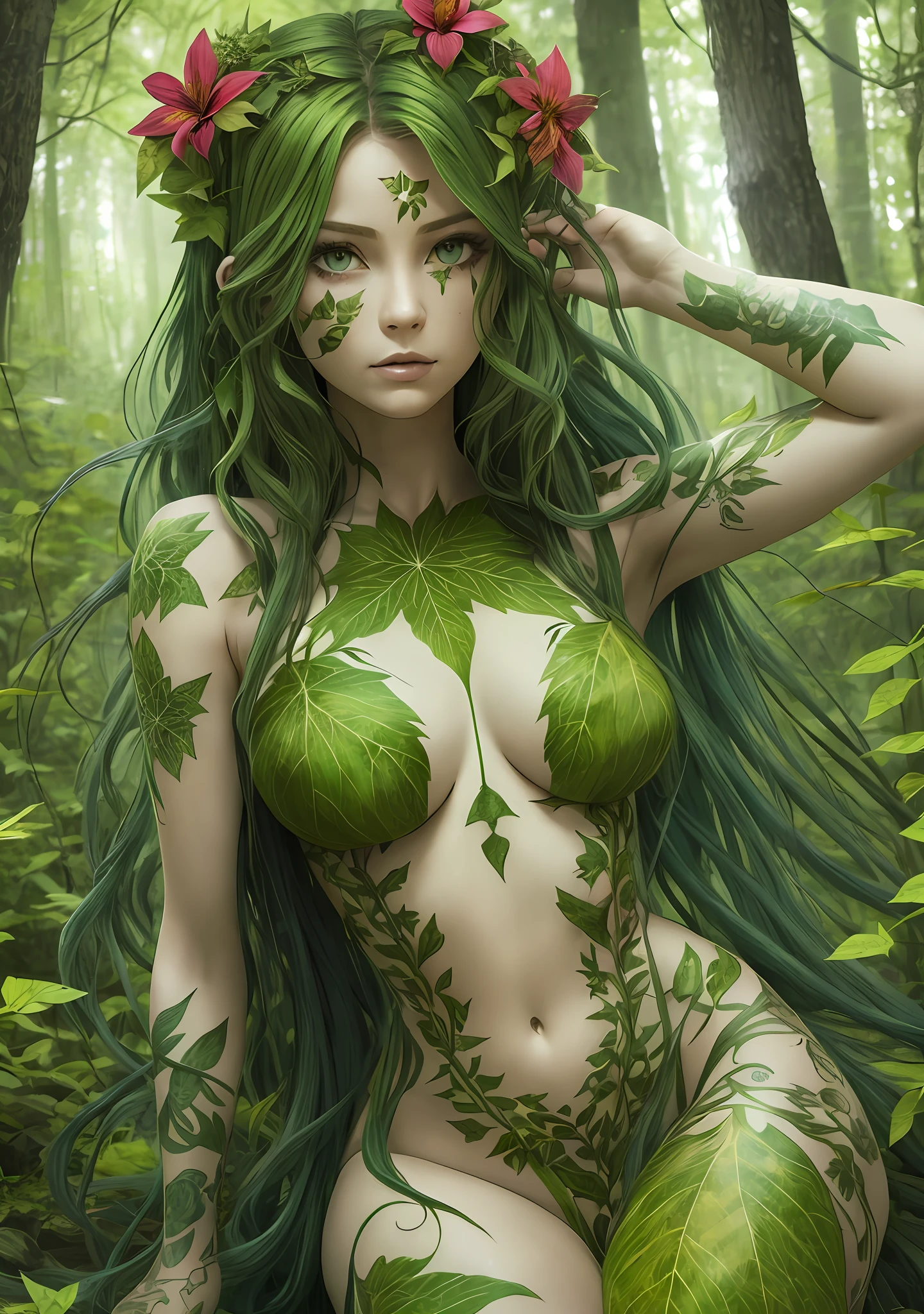 Graphic image of a beautiful dryad girl, flowers are woven into beautiful hair, expressive eyes, poison ivy leaf tattoos on her face, drawings of poison ivy leaves and flowers on the whole body, a full-length figure, light green skin in a girl, model pose, dense forest thicket in the background, high detail, hyperrealism, high quality, clear focus, SLR camera, CGI. --auto --s2