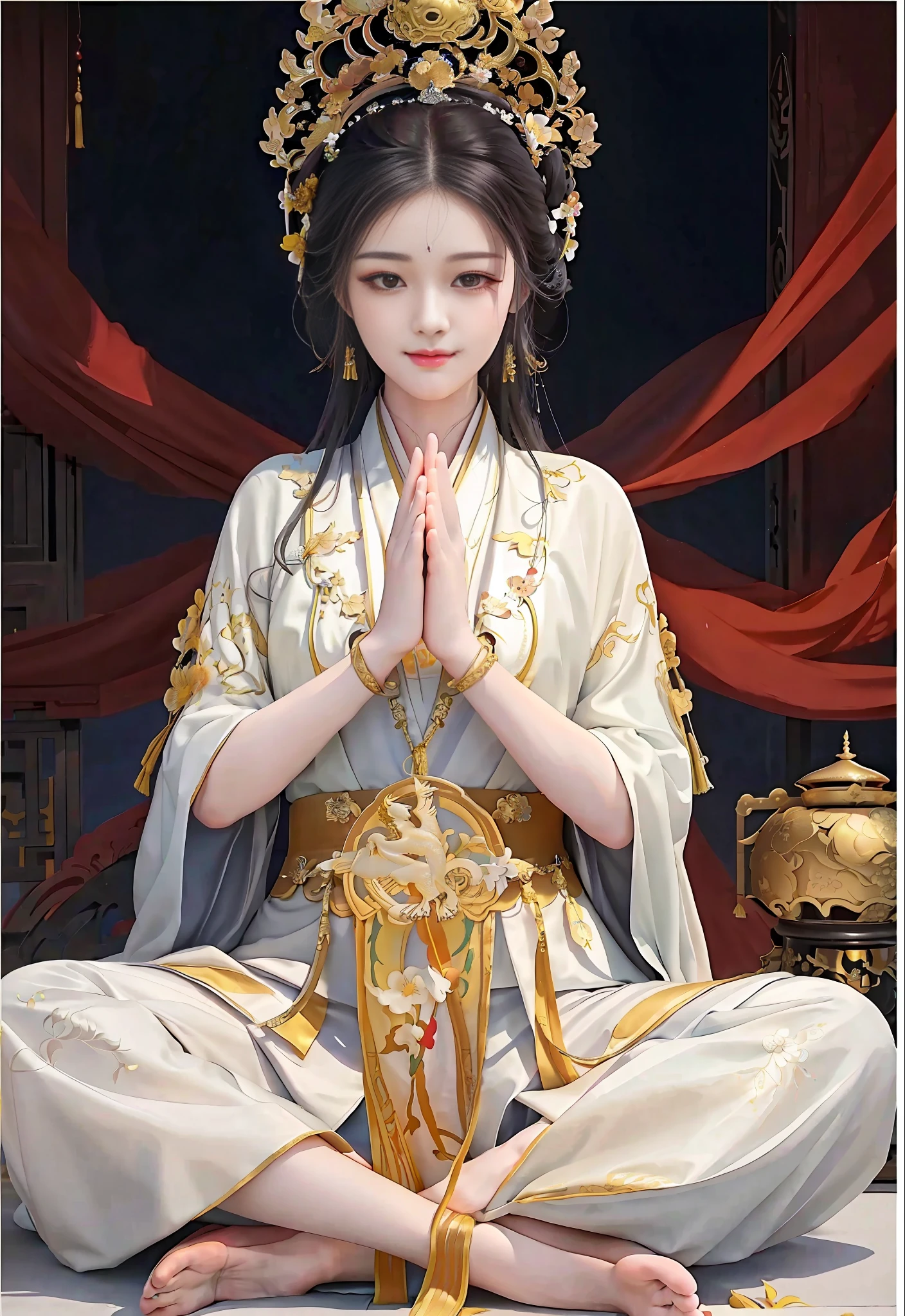 Amazing portrait of oriental beauty in yellow Hanfu, (cross-legged meditation: 1.3), (beautiful eyes), long eyelashes, solemn expression, ((prayer pose)), perfect facial features, delicate face, HD details, depth shooting, (sitting cross-legged), smiling, backlight, soft light, sacred, cinematic edge lighting, delicate gloss, ((trousers)), ((pure white background))