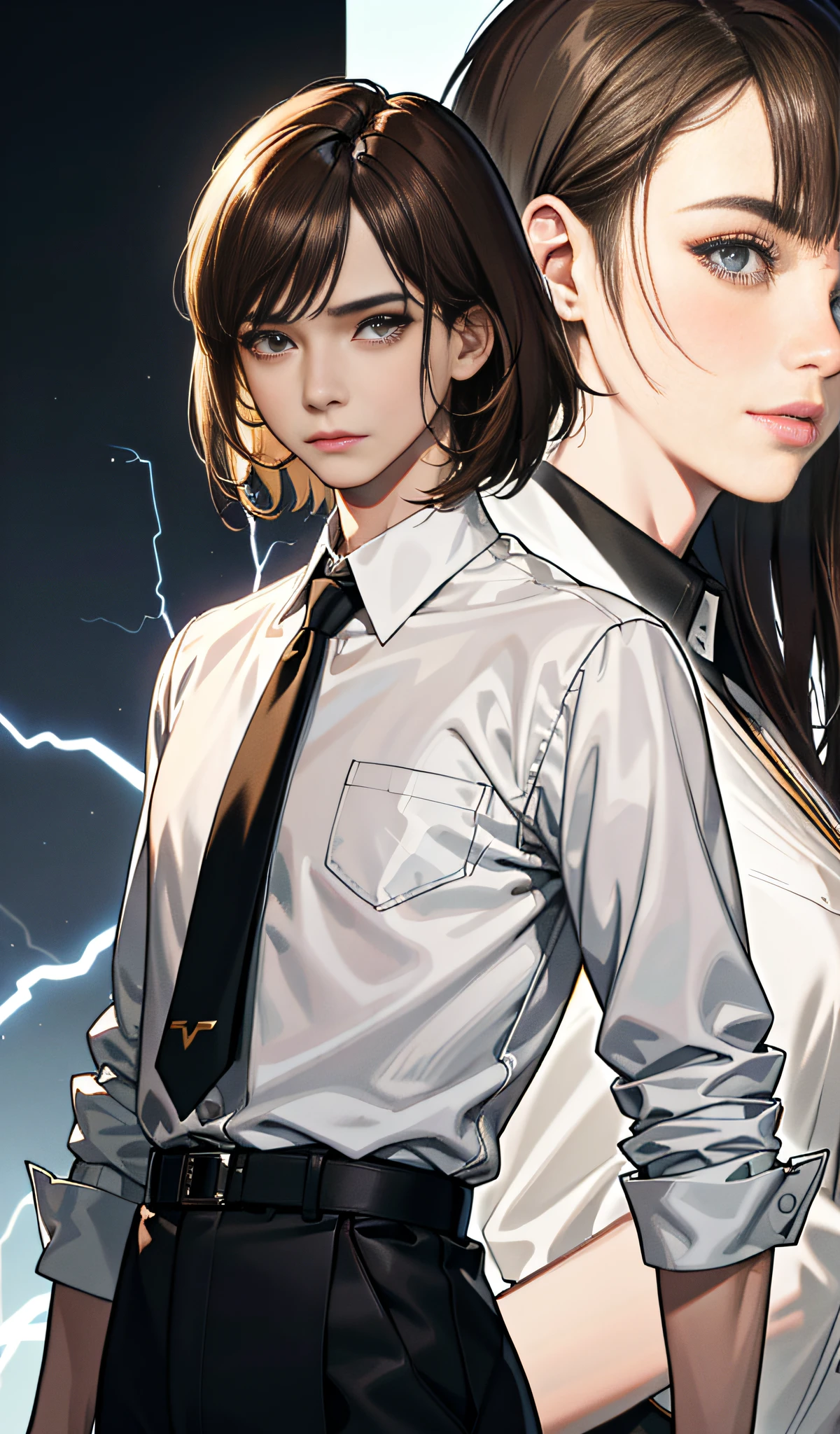 movie poster, butterfly, science fiction, movie, atmosphere, sky, male and female couple, blonde and long-haired woman, adult, (realism: 1.4), top quality, masterpiece, male, thin, (1 man, white loose shirt, black pants, viewer watch, brown hair, gray eyes, closed mouth, upper body), (idol face, Korean face, sharp eyeliner) (male), (face focus, potreit, Lightning in the movie, (light spring theme, short-haired man),((close-up of female face on background of man standing in foreground))