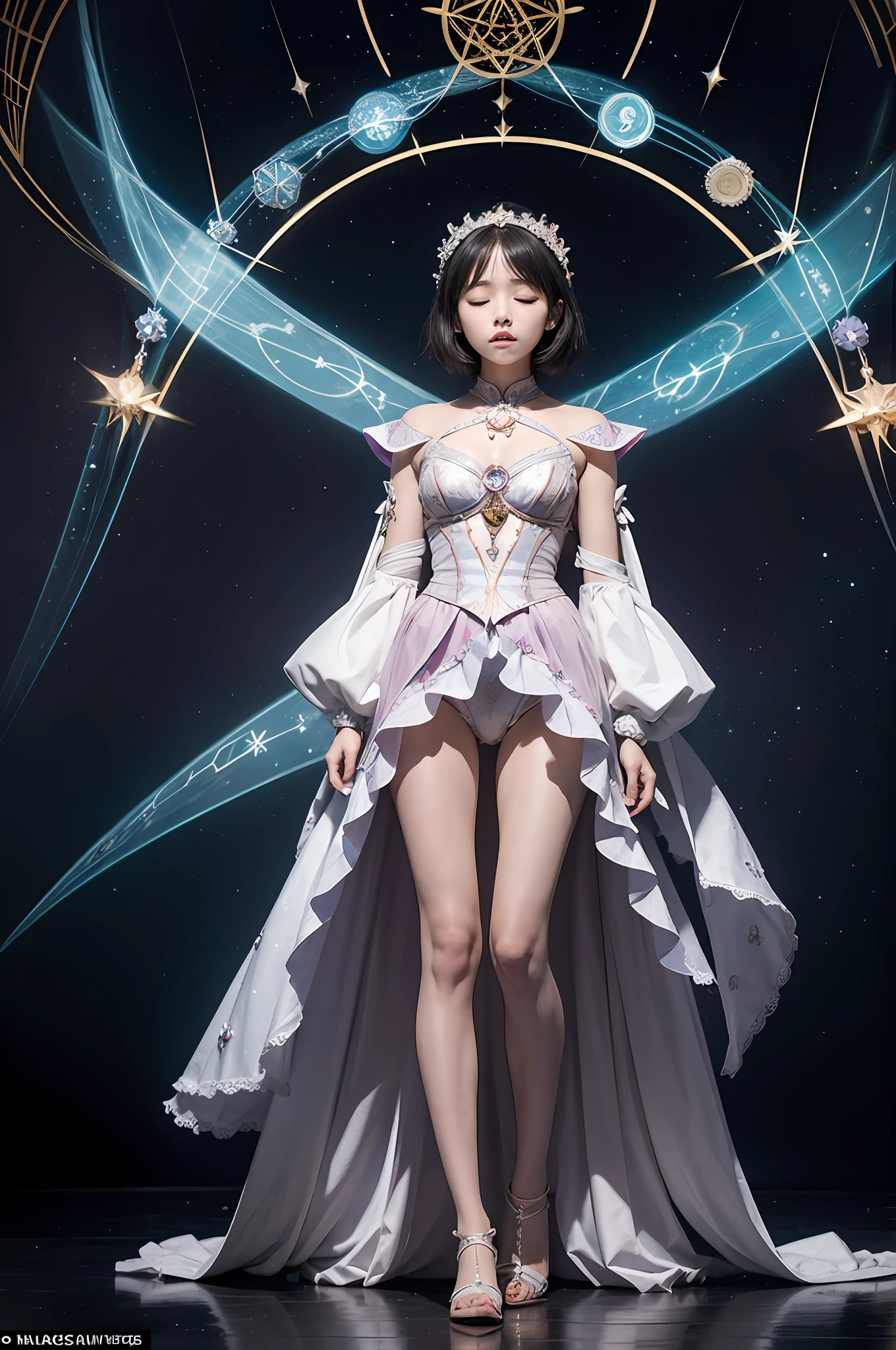 One, Puella Magi Madoka activates magic, mysterious, magical, wizard costume embroidered with intricate and contrasting geometric patterns, praying with closed eyes, symmetrical composition, complex geometric patterns drawn in the sky, standing, full body
