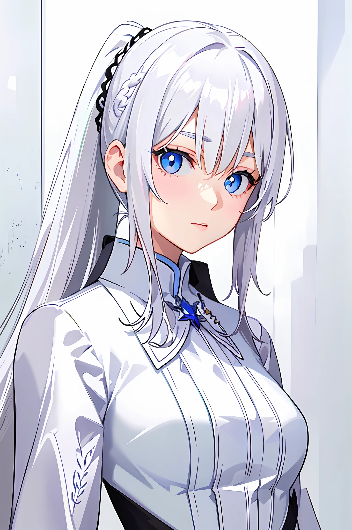 anime girl posing for photo with long white hair and blue eyes, god with white hair, girl with white hair, perfect white hair girl, white hair, white hair, beautiful anime portrait, white hair lady, cute anime girl portrait, portrait anime girl, silver hair (ponytail), cute girl with anime visual, silver haired girl, detailed digital anime art, outstanding figure, highest quality, masterpiece, relatively large breasts