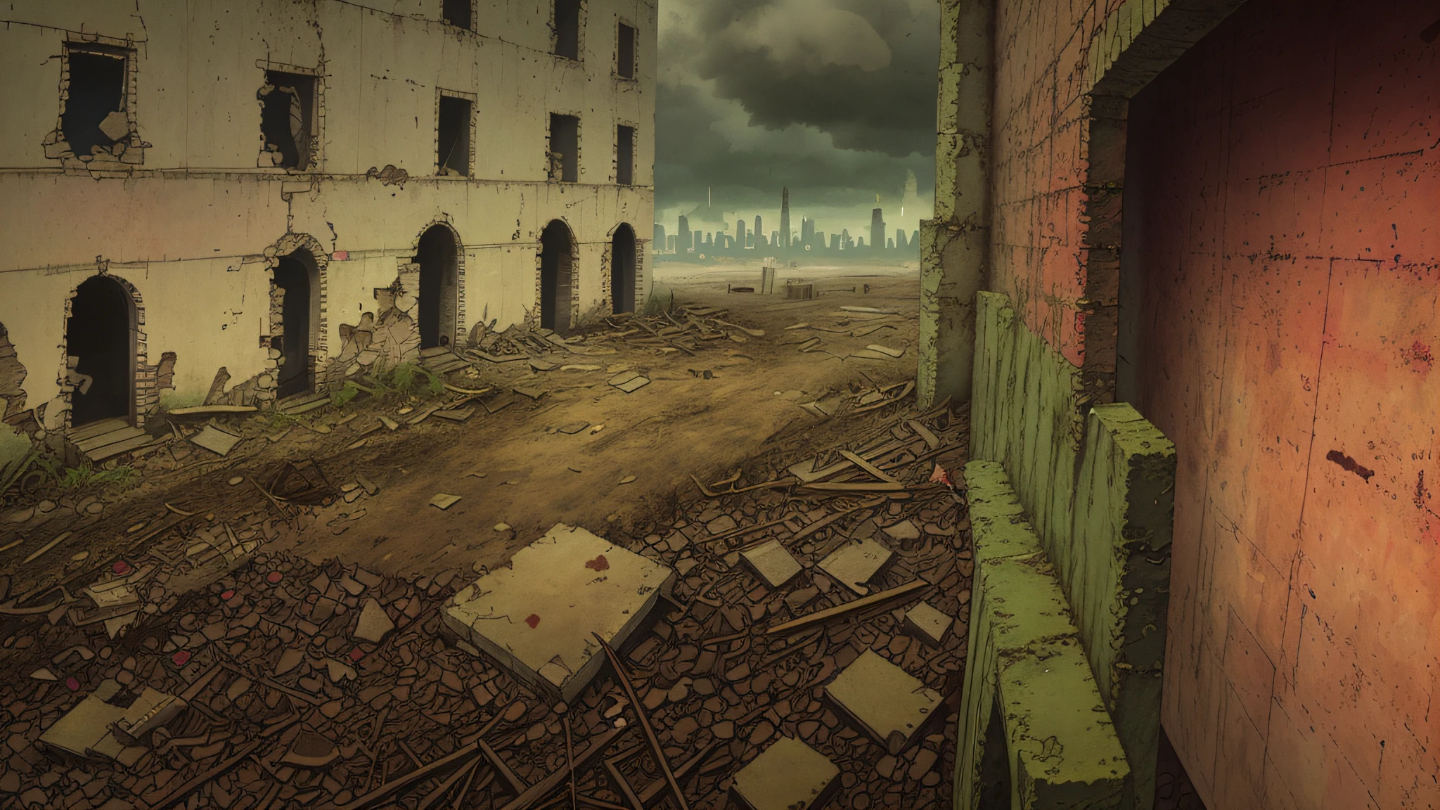 There is a picture of a city, in a ruined cityscape, a ruined cityscape, an outdoor ruined cityscape, a city in ruins, a post-apocalyptic city, a post-apocalyptic view, a destroyed city, an apocalyptic city, a post-apocalyptic city, a ruined city in the background, An abandoned dystopian city, gloomy,