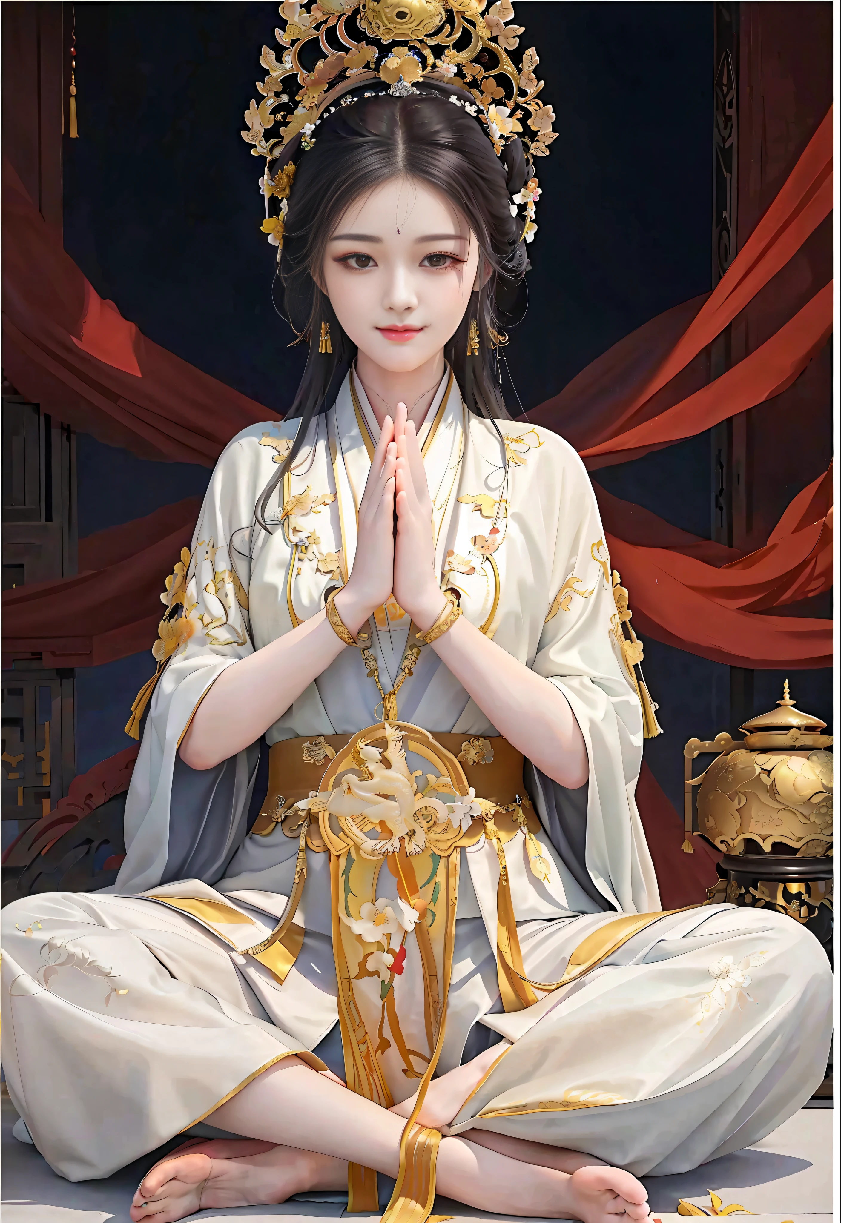 Amazing portrait of oriental beauty in yellow Hanfu, (cross-legged meditation: 1.3), (beautiful eyes), long eyelashes, solemn expression, ((prayer pose)), perfect facial features, delicate face, HD details, depth shooting, (sitting cross-legged), smiling, backlight, soft light, sacred, cinematic edge lighting, delicate gloss, ((trousers)), ((pure white background))