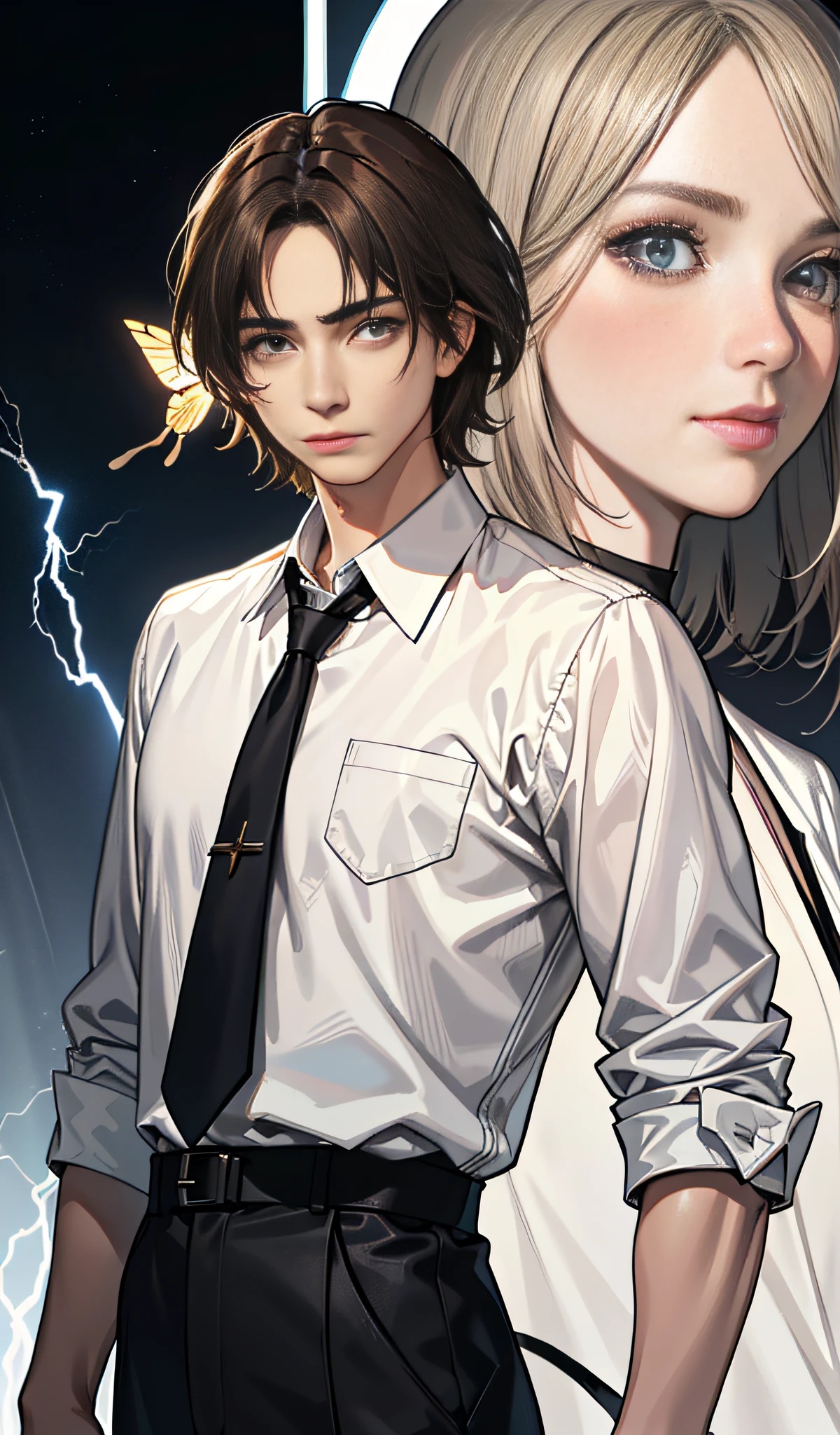 movie poster, butterfly, science fiction, movie, atmosphere, sky, male and female couple, blonde and long-haired woman, adult, (realism: 1.4), top quality, masterpiece, male, thin, (1 man, white loose shirt, black pants, viewer watch, brown hair, gray eyes, closed mouth, upper body), (idol face, Korean face, sharp eyeliner) (male), (face focus, potreit, Lightning in the movie, (light spring theme, short-haired man),((close-up of female face on background of man standing in foreground))