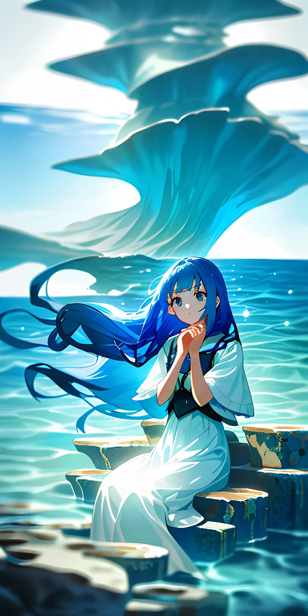 (Masterpiece, best quality), 1 girl with long gradient blue hair sitting on a reef in the sea, her hands under her chin, vast sea, white dress, blurred foreground