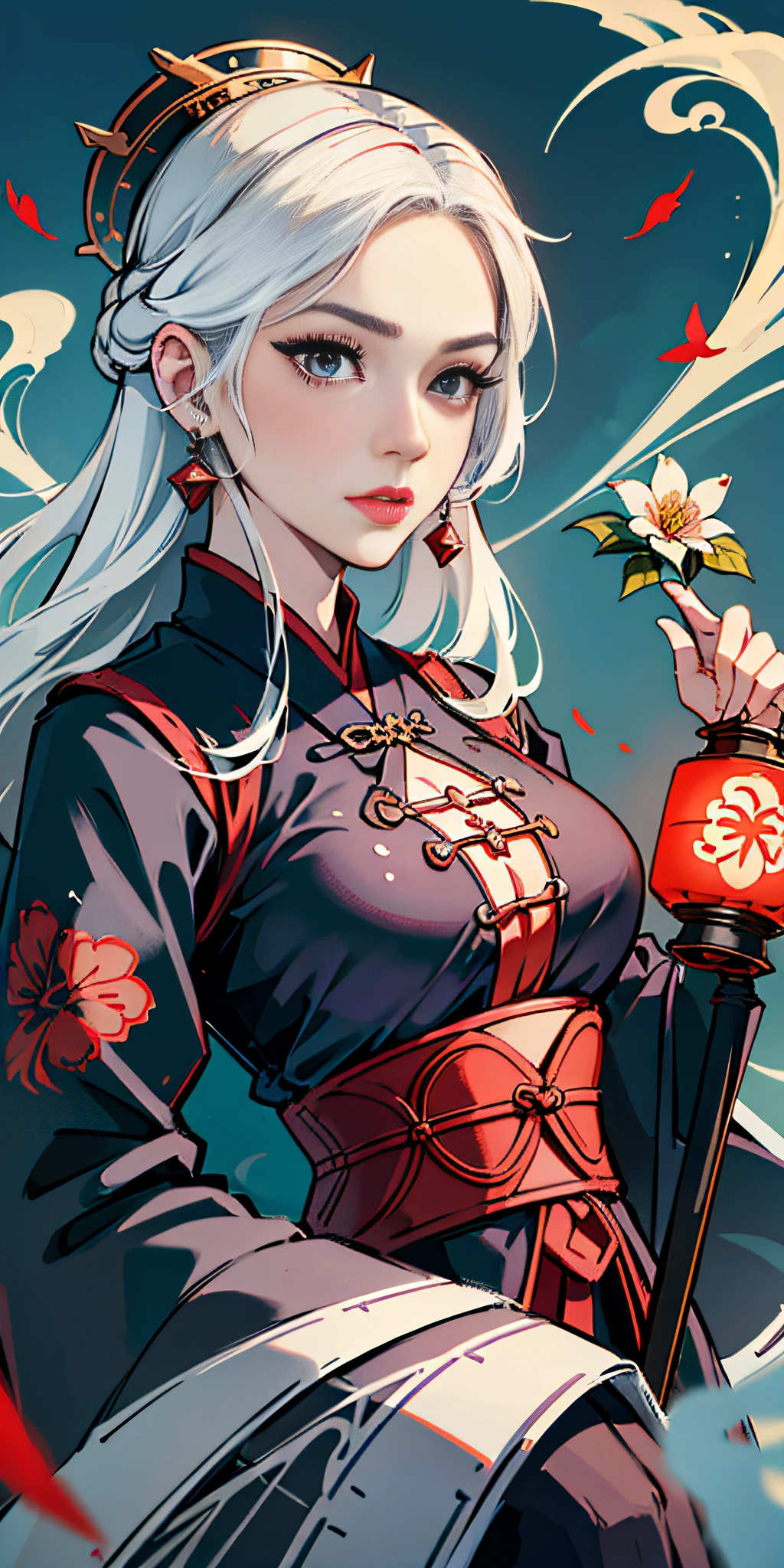 (8K quality: 1.3), (Best image quality: 1.2), 1 female, (face details), perfect face, sexy face shape, unique, (overall detail details: 1.4), (imperial water), Chinese Hanfu, flowers, perfect combination of dream and fairy, (masterpiece: 1.2), Tang Dynasty oversized clothing mopping, Tang Dynasty exquisite accessories, crown, served look, arrogant, wonderful, beauty, overall center alignment, beautiful scenery, red lantern, smoke, illusion, soaring, red carp, imperial sword, clothes floating, inflatable airflow, killing enemies, doppelganger, flower art, white hair