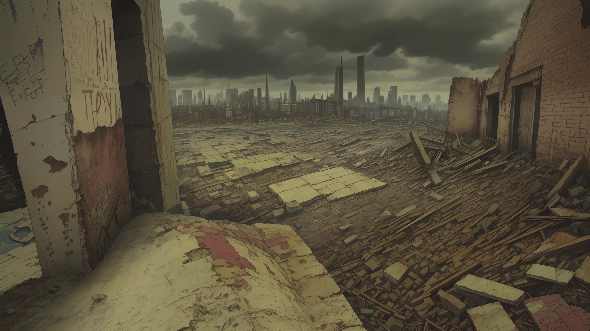 There is a picture of a city, in a ruined cityscape, a ruined cityscape, an outdoor ruined cityscape, a city in ruins, a post-apocalyptic city, a post-apocalyptic view, a destroyed city, an apocalyptic city, a post-apocalyptic city, a ruined city in the background, An abandoned dystopian city, gloomy,