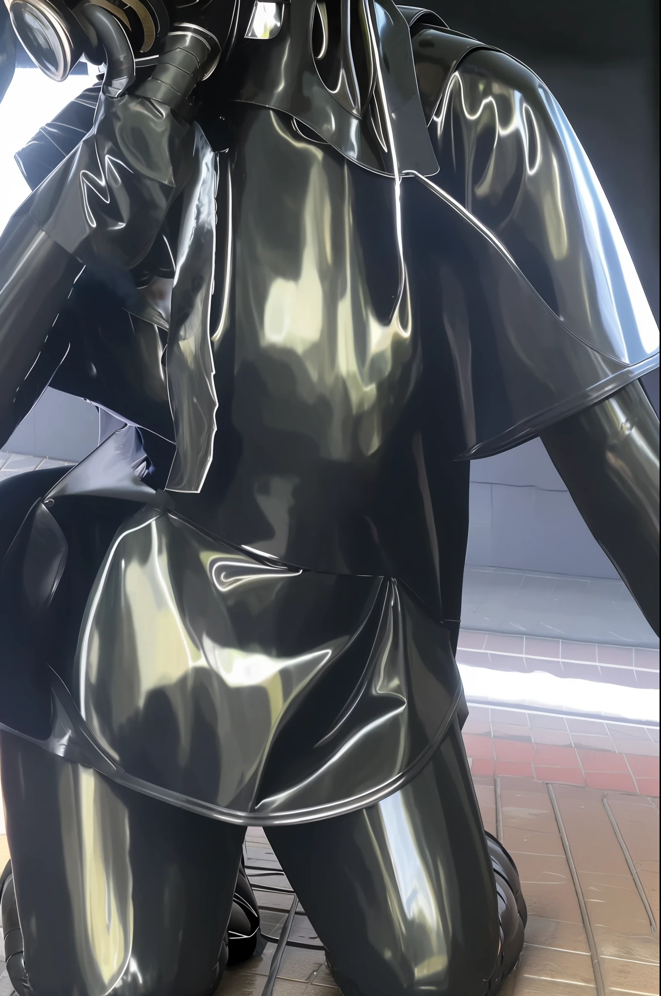 There was a woman, black latex suit, one in chemical protection suit, kneeling on the ground, latex gloves, tactical rain poncho latex rag, covered with latex clothing, wearing a gas mask, wearing a collar around her neck,