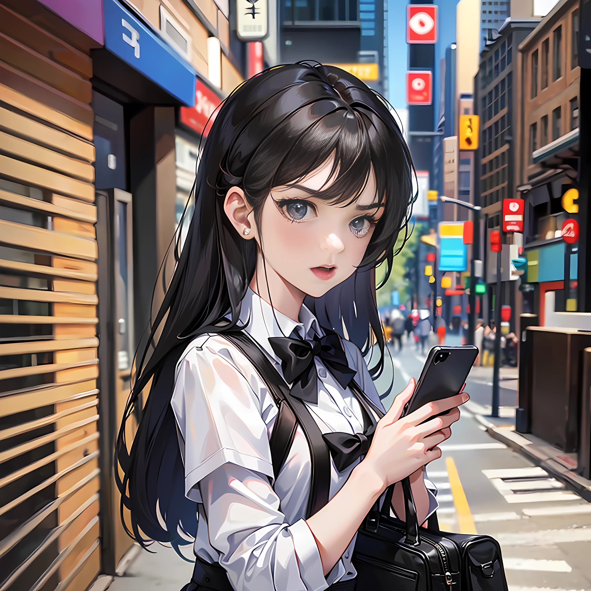 At school, a girl with a phone in her hand, shooting with a mobile phone, long black hair, bag, angry, super detailed, 4k, white, no bow tie,