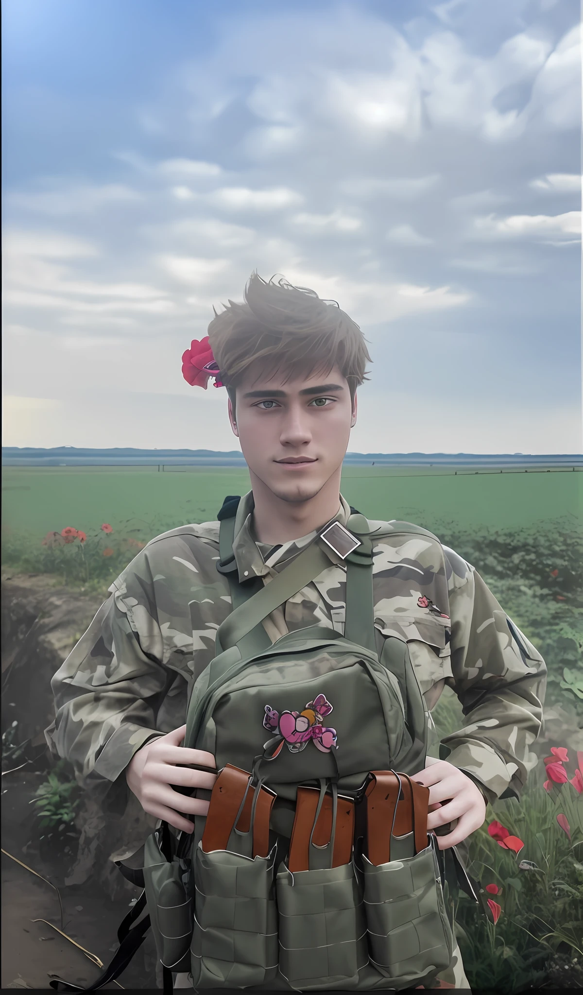 a hyper-realistic loose young man with a flower in his ear, backpack with the Hello Kitty symbol; Crisp cinematic features, 35mm lens, f/1.8, accent lighting, global illumination –uplight –v 4 --auto --s2