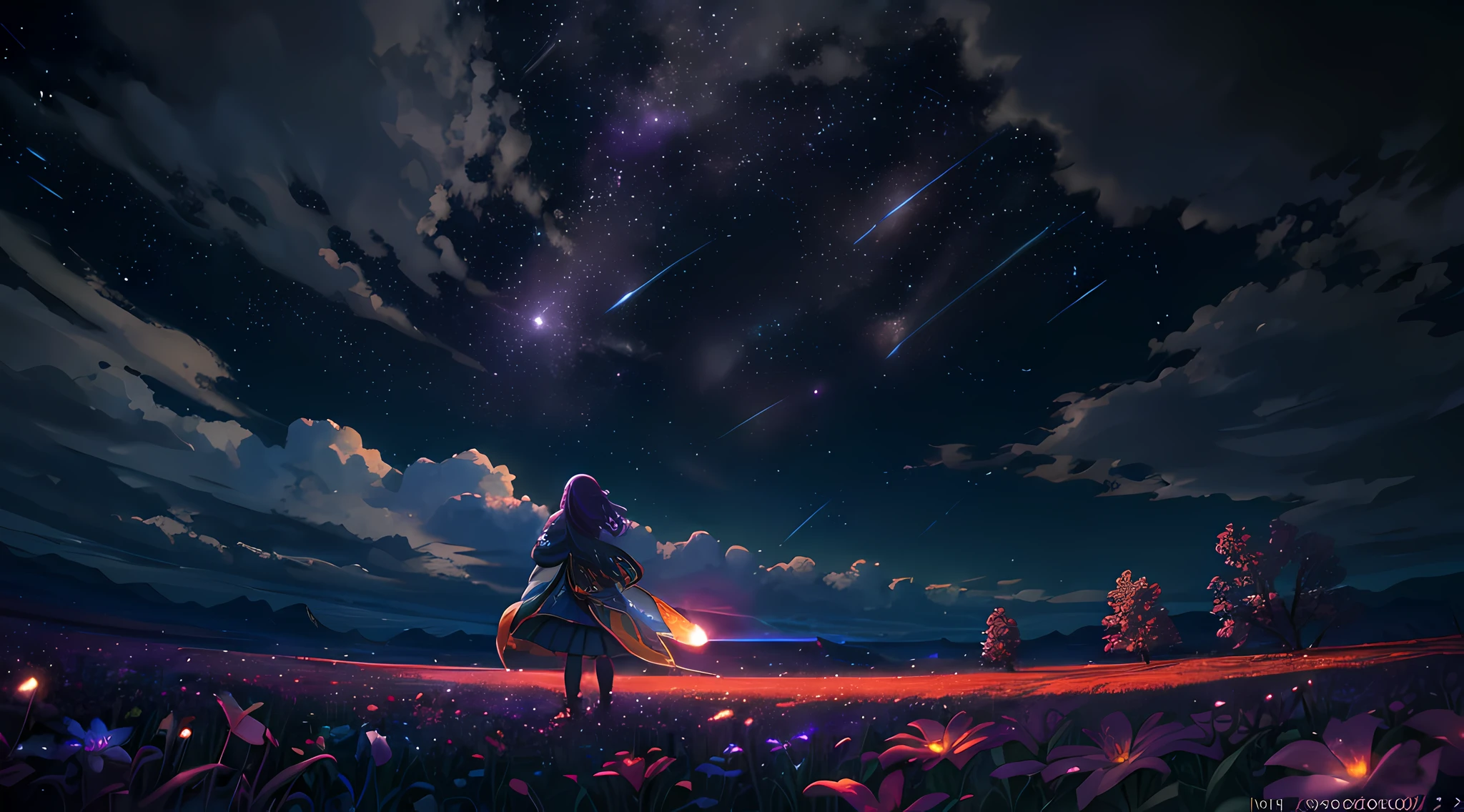 Vast landscape photo, (viewed from below, the sky is above and the open field is below), a girl standing on a flower field looking up, (full moon: 1.2), (meteor: 0.9), (nebula: 1.3), distant mountains , Trees BREAK Crafting Art, (Warm Light: 1.2), (Fireflies: 1.2), Lights, Lots of Purple and Orange, Intricate Details, Volumetric Lighting, Realism BREAK (Masterpiece: 1.2), (Best Quality), 4k, Ultra-Detailed, (Dynamic Composition: 1.4), Very Detailed, Colorful Details, (Rainbow Colors: 1.2), (Glow Lighting, Atmospheric Lighting), Dreamy, Magical, (Solo: 1.2)