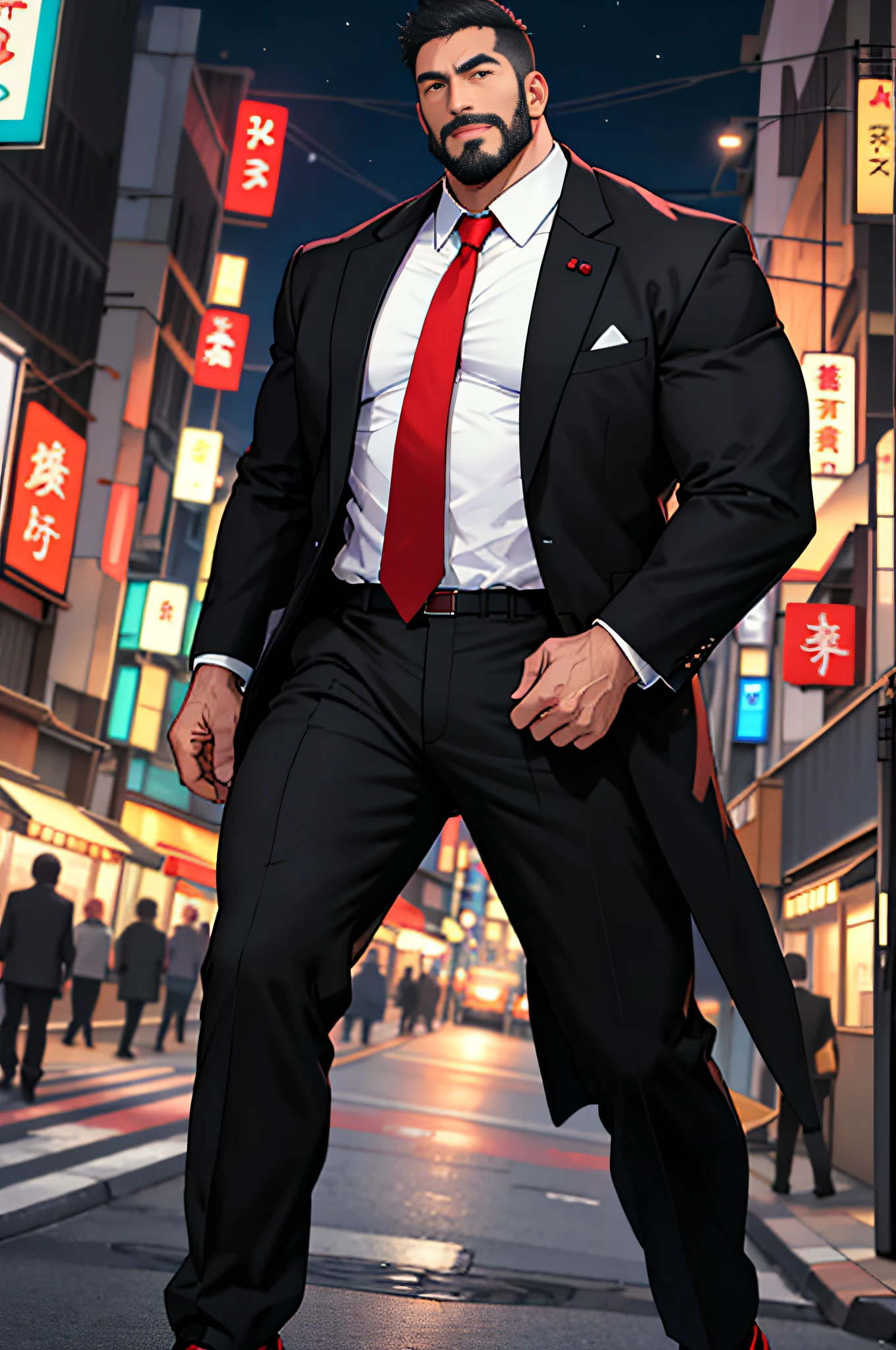 Mature man, best quality, Japanese office worker, black coat, black pants, white shirt, red tie, tired, white socks, bad, masterpiece, super high resolution, detailed background, reality, illustration, single, 1 boy, muscle man, beard, street at night, street vendor, muscle, facial hair, volumetric lighting, depth of field, wheezing, raised crotch, handsome action, big dynamic