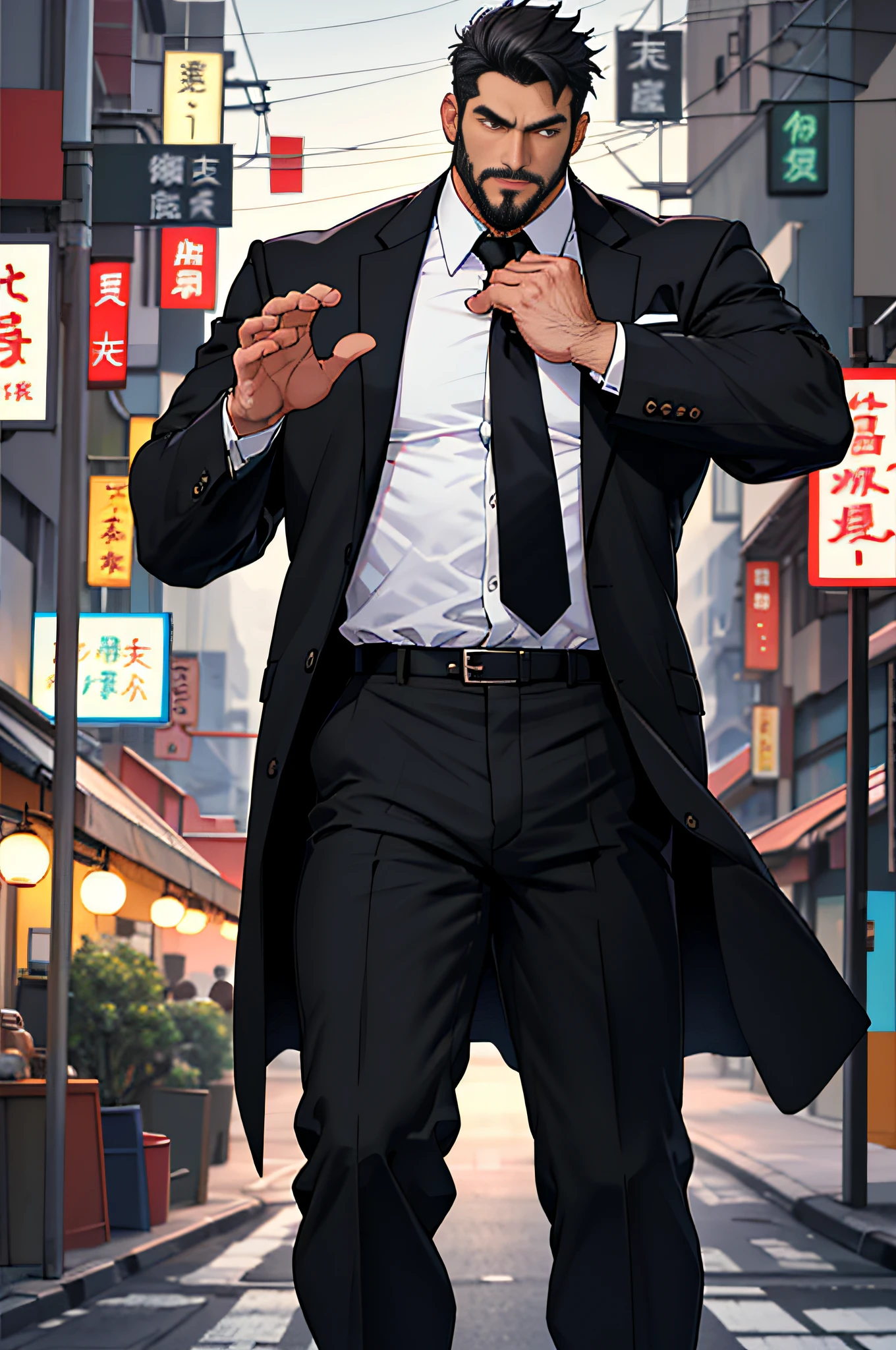 Mature man, best quality, Japanese office worker, black coat, black pants, white shirt, red tie, tired, white socks, bad, masterpiece, super high resolution, detailed background, reality, illustration, single, 1 boy, muscle man, beard, street at night, street vendor, muscle, facial hair, volumetric lighting, depth of field, wheezing, raised crotch, handsome action, big dynamic