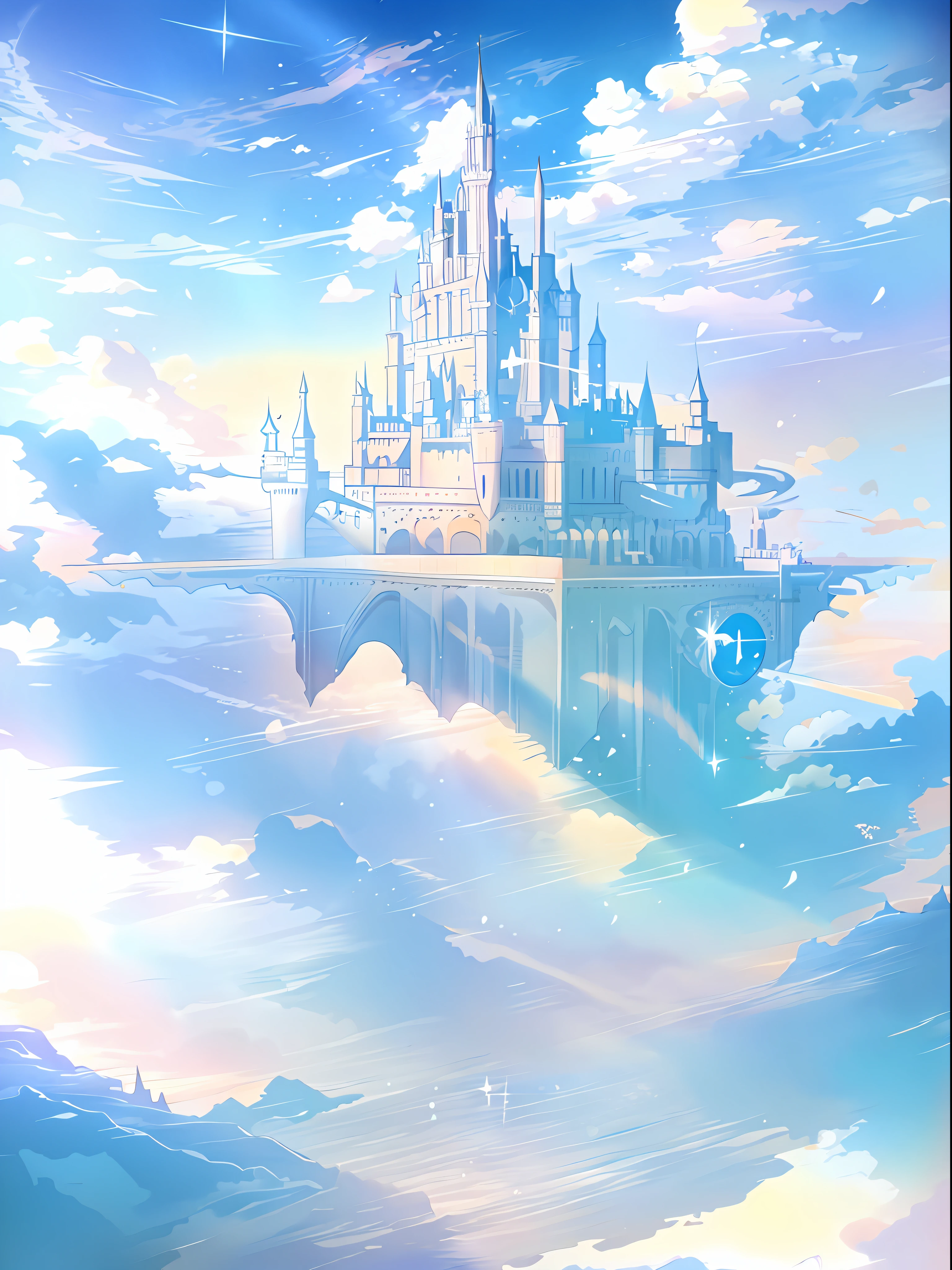 8k, Disney castle in the sky with reflection of water, fantastic sky and water surface, fairy tale style background, flying cloud castle, magical castle, castle background, magical background, kingdom of light background, palace background, palace floating in the sky, palace floating in heaven, beautiful fantasy anime, milky white palace, beautiful castle, castle made of clouds, cloud palace, fantasy castle, anime background