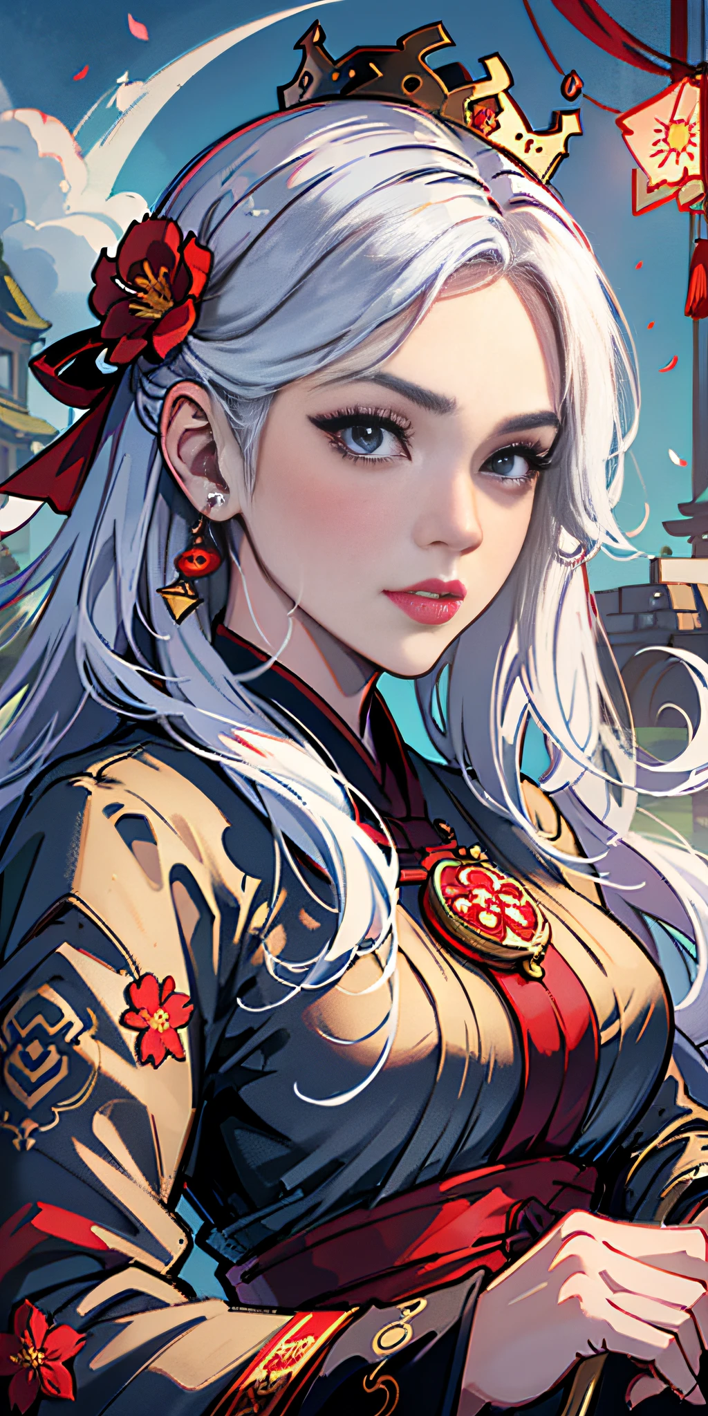 (8K quality: 1.3), (Best image quality: 1.2), 1 female, (face details), perfect face, sexy face shape, unique, (overall detail details: 1.4), (imperial water), Chinese Hanfu, flowers, perfect combination of dream and fairy, (masterpiece: 1.2), Tang Dynasty oversized clothing mopping, Tang Dynasty exquisite accessories, crown, served look, arrogant, wonderful, beauty, overall center alignment, beautiful scenery, red lantern, smoke, illusion, soaring, red carp, imperial sword, clothes floating, inflatable airflow, killing enemies, doppelganger, flower art, white hair