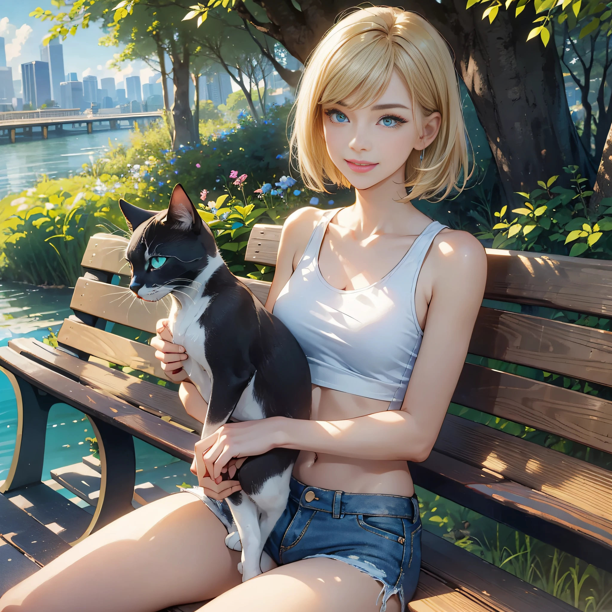 {masterpiece, best quality, extremely detailed CG, unity 8k wallpaper, cinematic lighting}}, 
Under a clear sky, in a park bench facing Yokohama Port, we find our protagonist, a beautiful and adorable girl, cradling a cat. She possesses a captivating smile, with short bob-cut golden hair that accentuates her blue eyes, double eyelids, and long eyelashes. She has slender limbs, a defined waist, and a white tank top that reveals her midriff, paired with distressed denim shorts. Completing her ensemble are aqua-colored running shoes.
The cat she holds is a black feline with golden eyes.