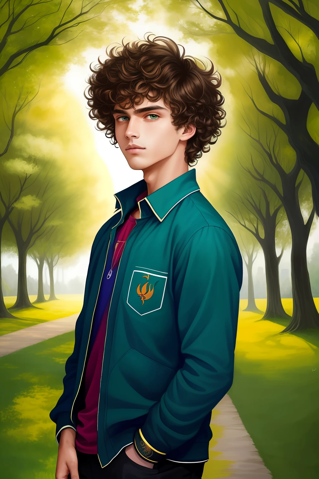 Imagine a stunning digital artwork capturing the essence of a beautiful teenage thin boy with curly, fluffy hair adorned in a stylish side fade haircut. The vibrant colors of the artwork reflect the sun-kissed atmosphere of a green park setting. The boy's mesmerizing curls cascade around his face, forming a halo of natural beauty. The all side fade haircut accentuates his features, highlighting his strong jawline and captivating eyes. The artwork captures his carefree spirit as he stands against a backdrop of trees.