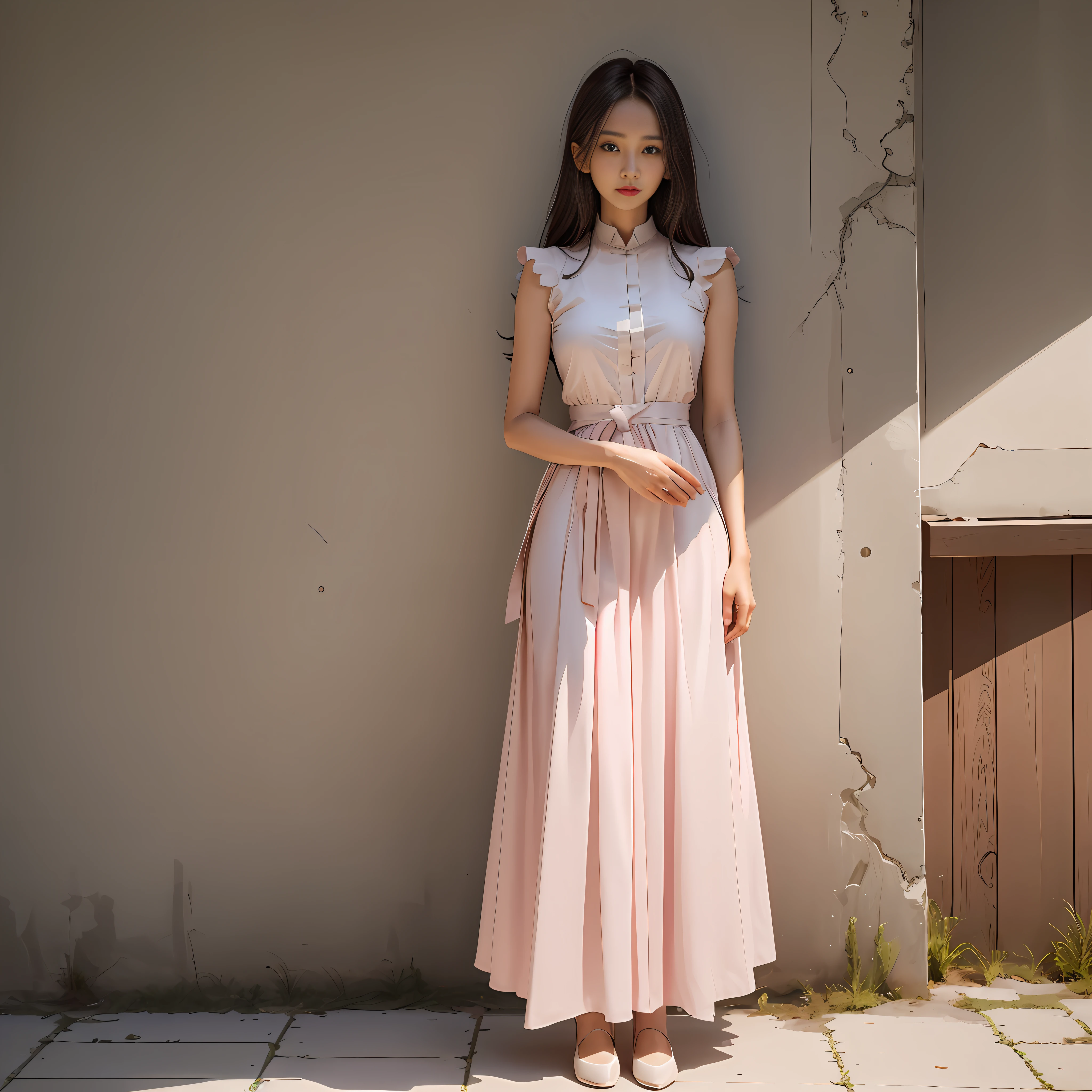 Fashion photography portrait of woman head, long skirt woman, long dress, pure cotton fabric, light pink, A-line skirt, collar with small lapels, waist design, change the curve of the waist. The skirt features smooth lines and a minimalist hem design that creates a high-end elegant charm, fantasy, octane rendering, HDR, Dolby Vision, (intricate details, ultra-detailed:1.2), (natural skin texture, surrealism, soft light:1.2), sharp focus, medium breasts, looking at the audience, best quality, perfect body,