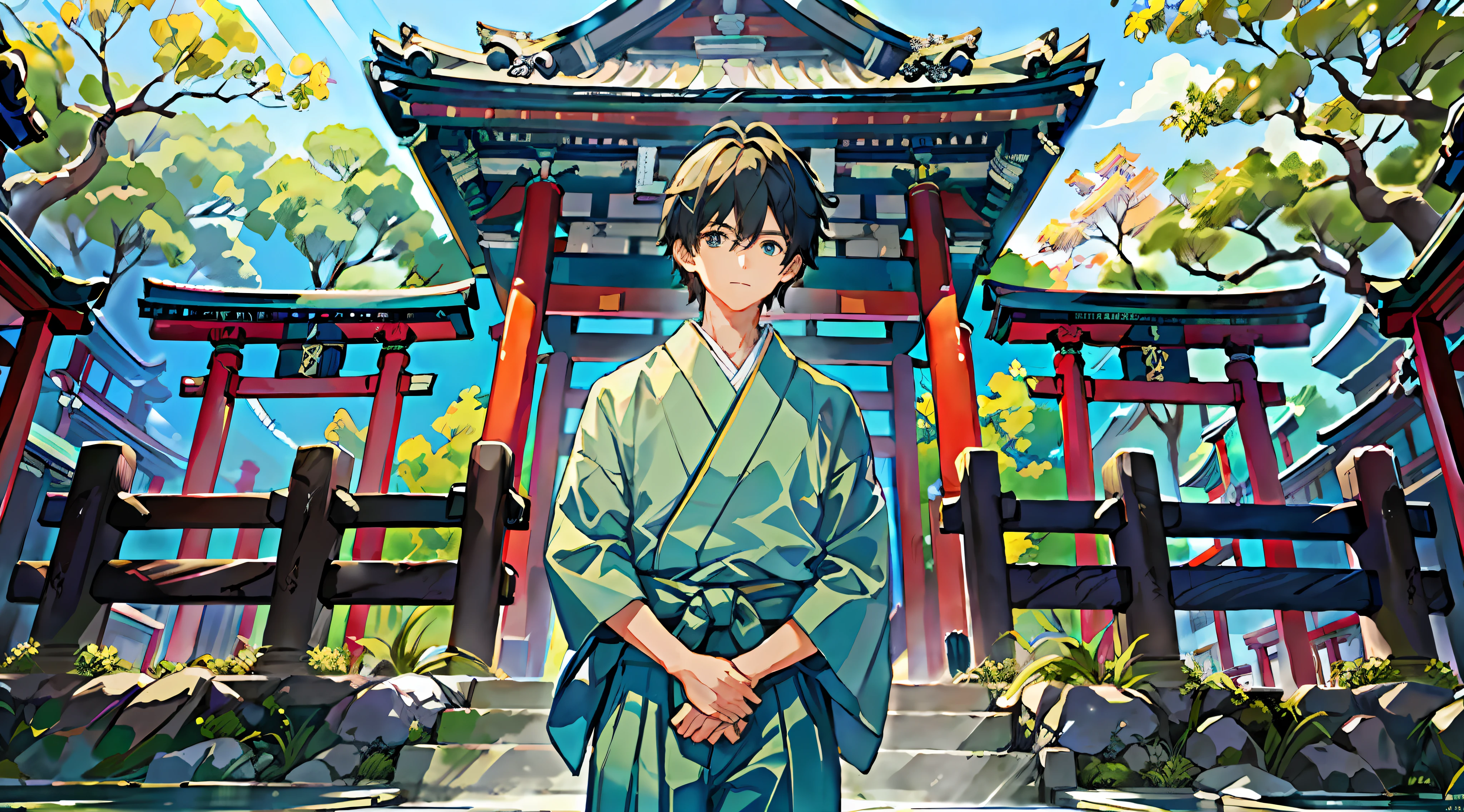 ((Masterpiece: 1.4, best quality)), 1Boy, green and short hair and eyes,( Light blue Hakama: 1.2), the background is a temple of Japan.
