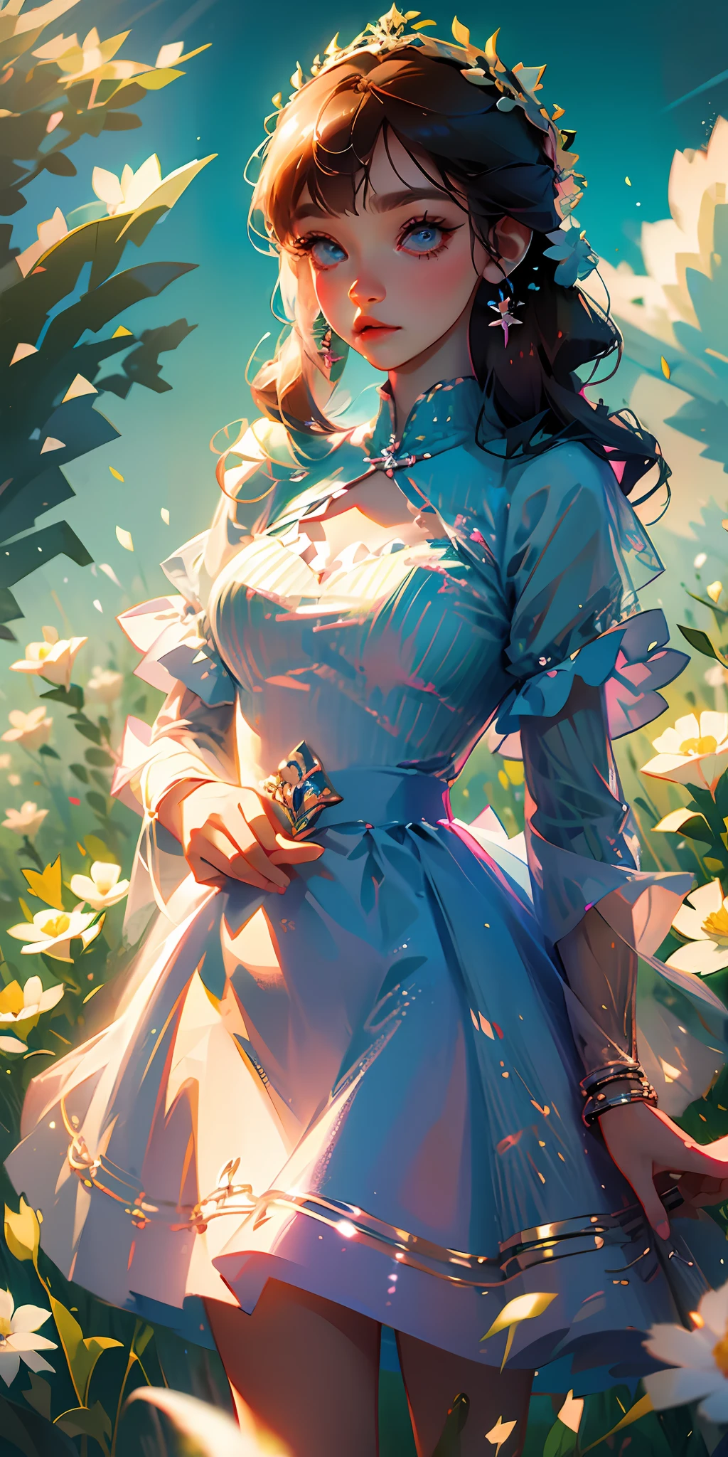 /imagine prompt: beautiful girl standing, hyperrealistic anime, girly outfit, flower field background --auto --s2