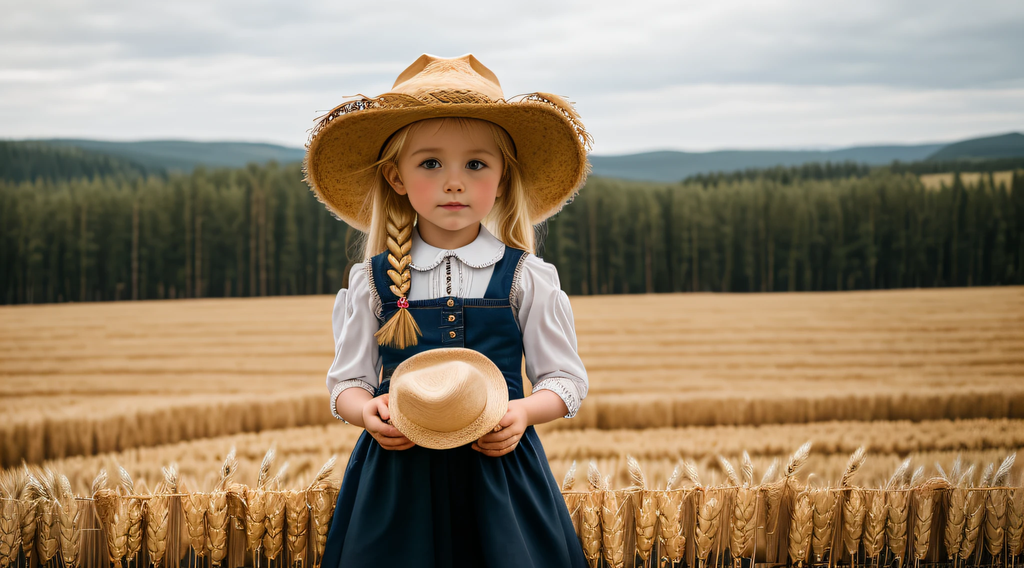 There is a BLONDE CHILD GIRL 12 YEARS OLD, wearing a hat and holding a lot of wheat, beautiful cowboy witch, cowgirl, portrait of a young witch, cow-girl, cowgirl, with straw hat, portrait of a young witch, Masha Krasnova, with pig's tails.