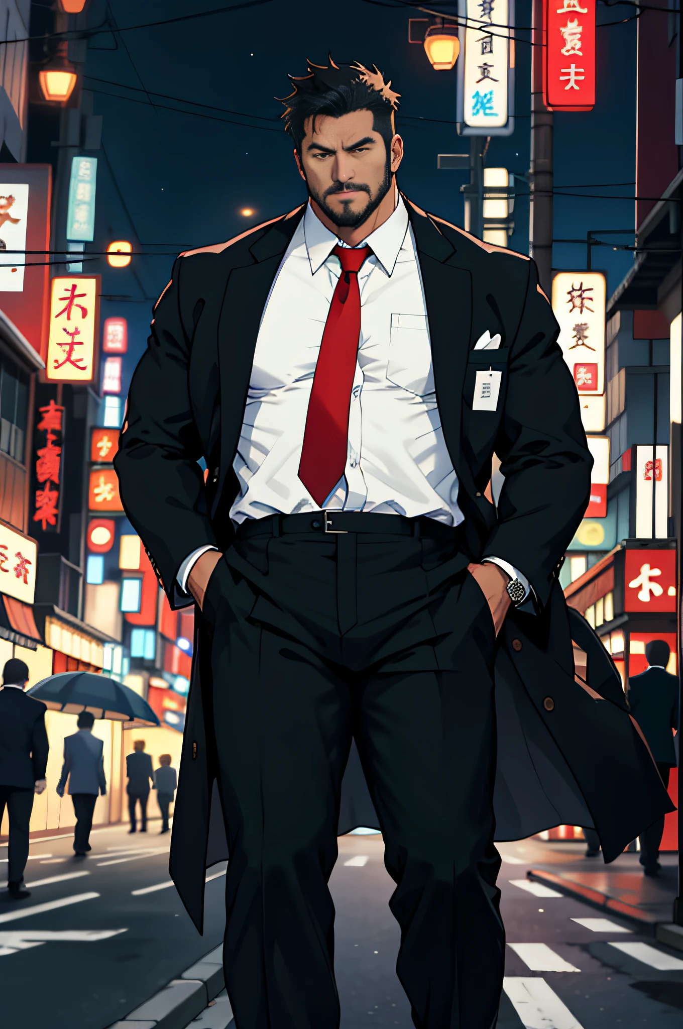 Mature man, best quality, Japanese office worker, black coat, black pants, white shirt, red tie, tired, white socks, bad, masterpiece, super high resolution, detailed background, reality, illustration, single, 1 boy, muscle man, beard, street at night, street vendor, muscle, facial hair, volumetric lighting, depth of field, wheezing, raised crotch, handsome action, big dynamic