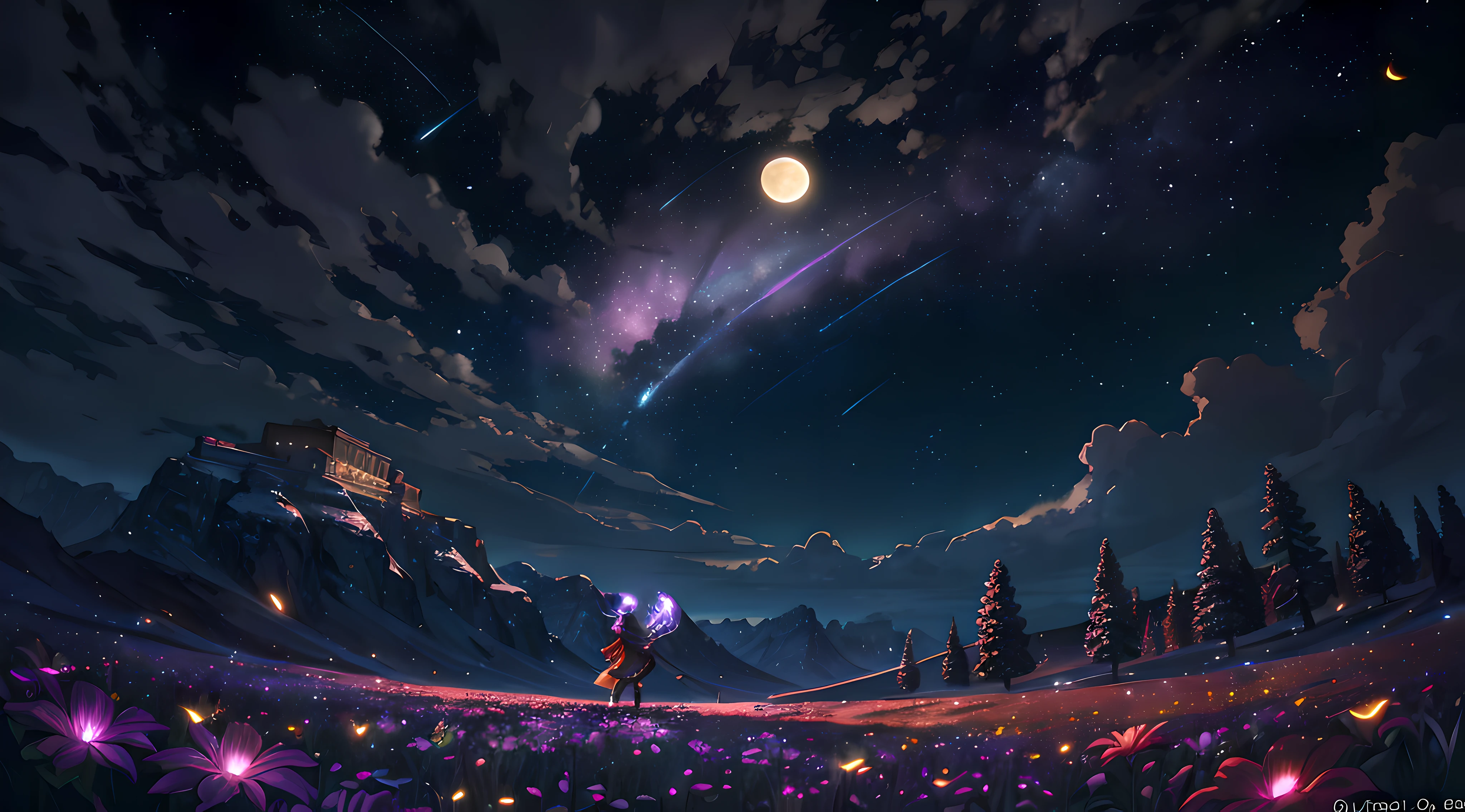 Vast landscape photo, (viewed from below, the sky is above and the open field is below), a girl standing on a flower field looking up, (full moon: 1.2), (meteor: 0.9), (nebula: 1.3), distant mountains , Trees BREAK Crafting Art, (Warm Light: 1.2), (Fireflies: 1.2), Lights, Lots of Purple and Orange, Intricate Details, Volumetric Lighting, Realism BREAK (Masterpiece: 1.2), (Best Quality), 4k, Ultra-Detailed, (Dynamic Composition: 1.4), Very Detailed, Colorful Details, (Rainbow Colors: 1.2), (Glow Lighting, Atmospheric Lighting), Dreamy, Magical, (Solo: 1.2)