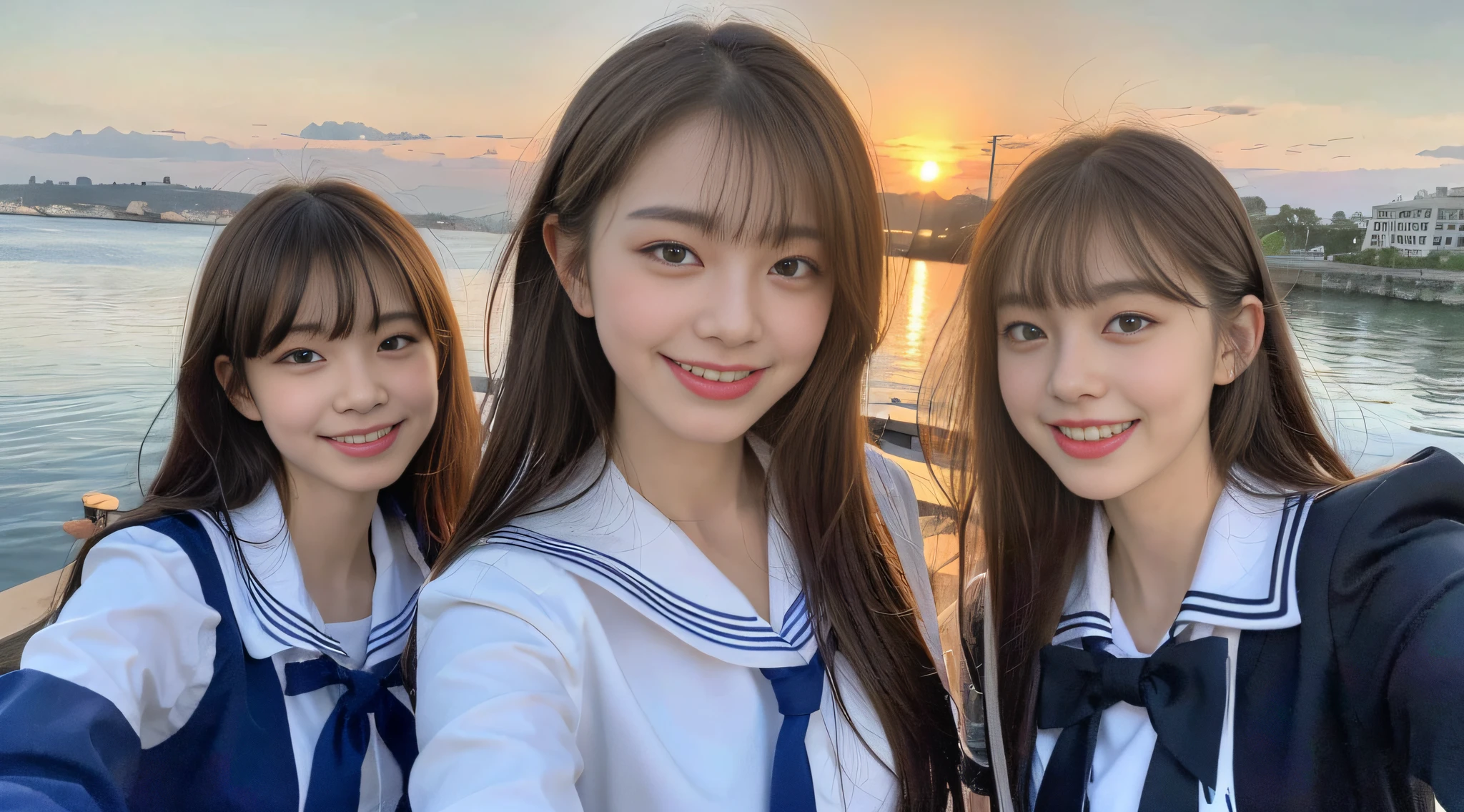 (8k, RAW photo, highest quality, masterpiece: 1.2), ultra detail, super resolution, (realistic, real photo: 1.37), (photorealistic: 1.1.37). portraits, high resolution RAW color photos, professional photos, highly detailed and beautiful, super high quality, 8k wallpapers, amazing details, huge file size, very detailed beautiful girls, very detailed faces, very detailed eyes, very realistic skin, very detailed fingers, very detailed nose, very detailed mouth, perfect anatomy, very detailed background, highly detailed clothes, teen, cute girl, Famous Japan Idol, Cute, Realistic Body, Slender, White Skin, Glowing Skin, Slim Body, Long Straight Hair, (Dull Bangs:1.2), Realistic Face, Delicate Eyes, Double Eyelids, Sailor Suit, Schoolgirl Friend Smile Fashionable Uniform Tongue Out Friends Hair Fluttering in the Wind After School Beautiful Sunset Tik Tok Dance Practice Brown Hair Energetic Navel Out High School Girl Youth Celebrity level cuteness　Multiple High School Girls Sea Seaside