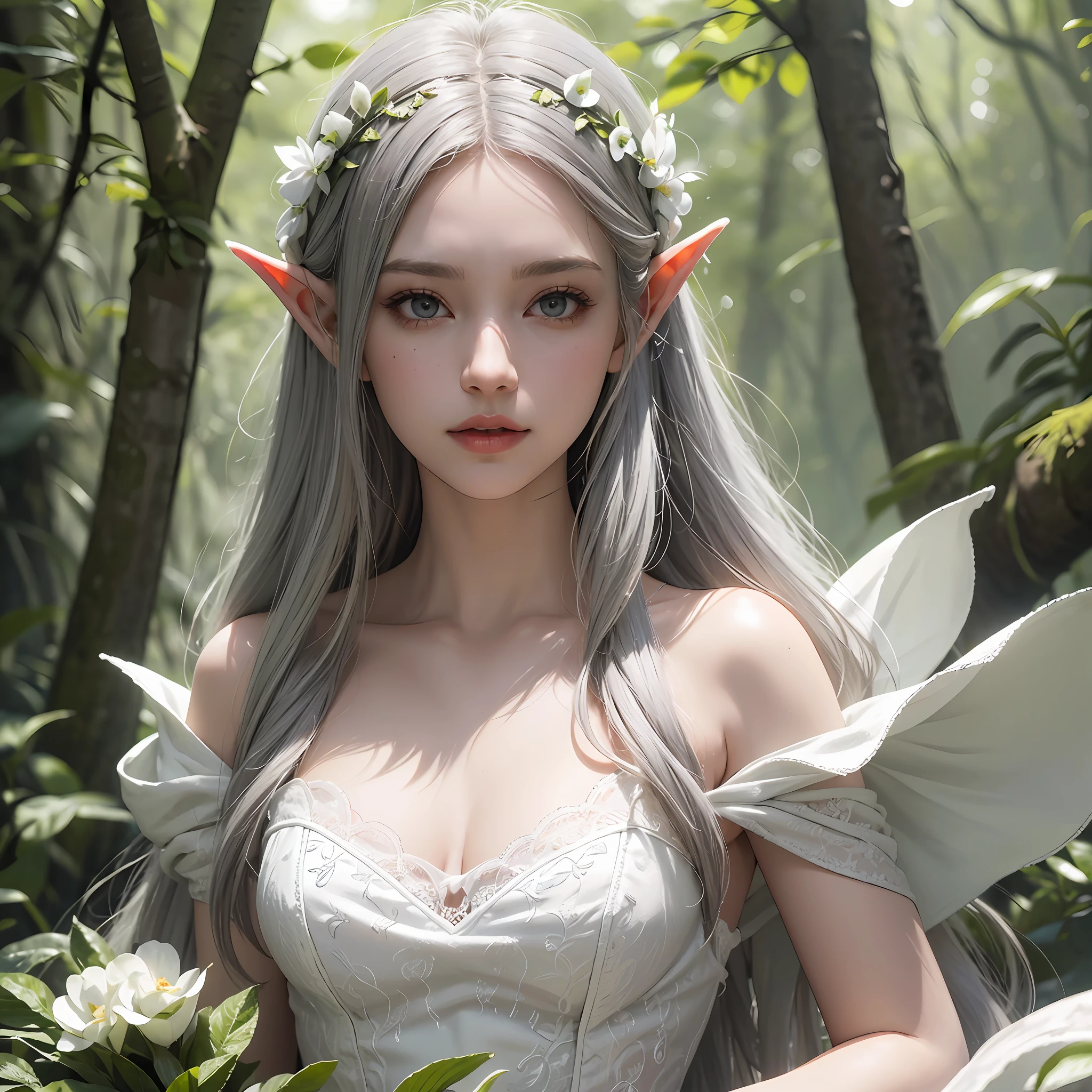 Elf, elegant, flowing, (white gauze dress: 1.4), forest moss, flower field, magic breath, (gray white long hair: 1.4), (detailed skin, skin texture: 1.4)), ultradetailed (intricate detail, fine detailed, hyperdetailed), ray tracing, subsurface scattering, (fantasy underground world on background), diffuse soft lighting, shallow depth of field, sharp focus bokeh, (realistic photo quality: 1.4), 8K, (Full body: 1.4)