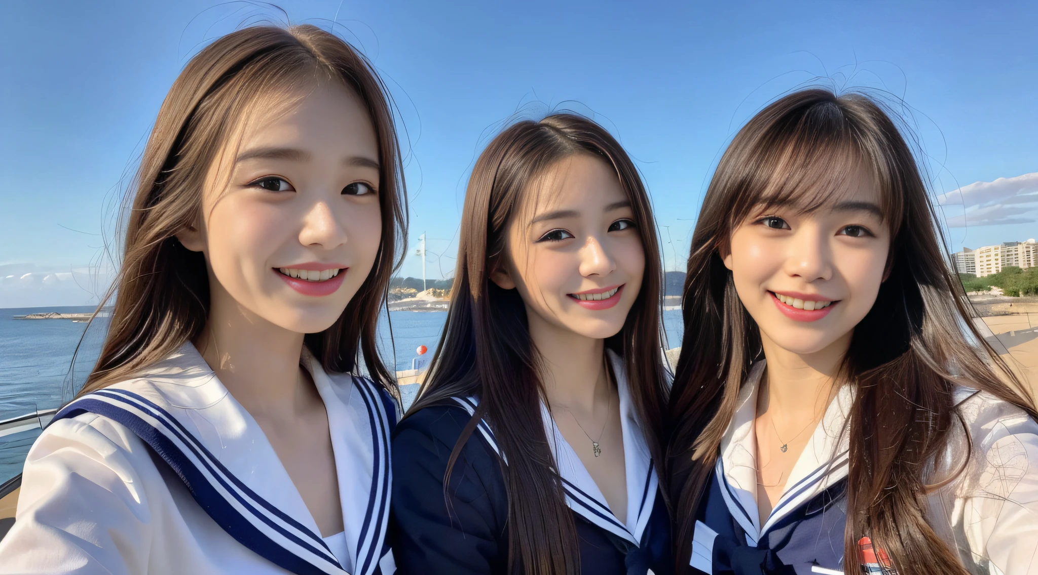 (8k, RAW photo, highest quality, masterpiece: 1.2), ultra detail, super resolution, (realistic, real photo: 1.37), (photorealistic: 1.1.37). portraits, high resolution RAW color photos, professional photos, highly detailed and beautiful, super high quality, 8k wallpapers, amazing details, huge file size, very detailed beautiful girls, very detailed faces, very detailed eyes, very realistic skin, very detailed fingers, very detailed nose, very detailed mouth, perfect anatomy, very detailed background, highly detailed clothes, , cute girl, Famous Japan Idol, Cute, Realistic Body, Slender, White Skin, Glowing Skin, Slim Body, Long Straight Hair, (Dull Bangs:1.2), Realistic Face, Delicate Eyes, Double Eyelids, Sailor Suit, Schoolgirl Friend Smile Fashionable Uniform Tongue Out Friends Hair Fluttering in the Wind After School Beautiful Sunset Tik Tok Dance Practice Brown Hair Energetic Navel Out High School Girl Youth Celebrity level cuteness Multiple High School Girls Sea Seaside
