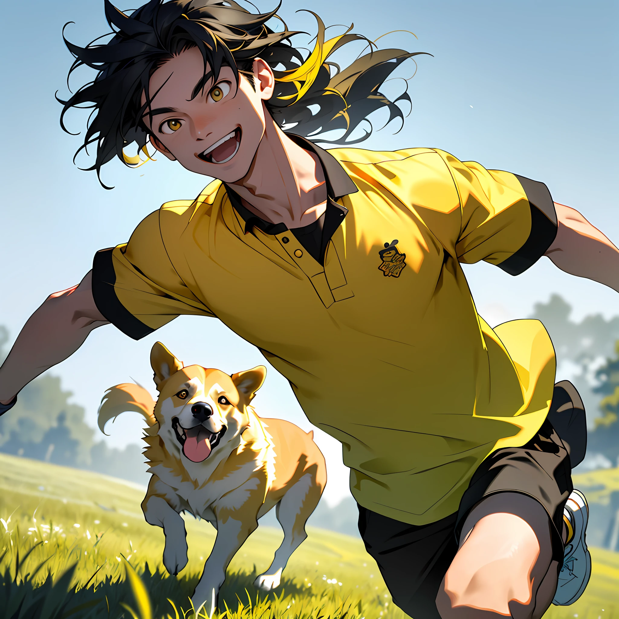 Masterpiece, exquisite, 8k resolution, 1 boy, black hair, bright eyes, depth of field, shirt open, yellow dog, yellow hair, grass, happy, smiling, running