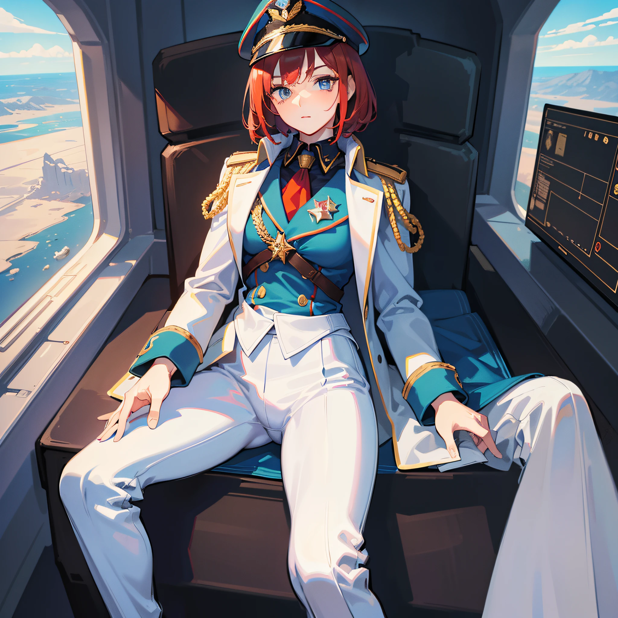 ((Masterpiece)), ((Highest Image Quality)), ((Best Quality)), (Illustration of One Girl), Full Body, 25 Years Old, Short Red Hair, (Thin Hair on Both Sides of Face), Blue Eyes, (((Tall)), ((Muscular Strong Body)), ((Manspreading)), Open Legs, (((Military Uniform)), (Military Hat)), (Military Coat)), (White Clothes), (White Pants), (White Hat), Trench Coat, ((Inside the spaceship, sitting in the captain's seat)), (outside the window, space, Earth seen from space, spaceport)