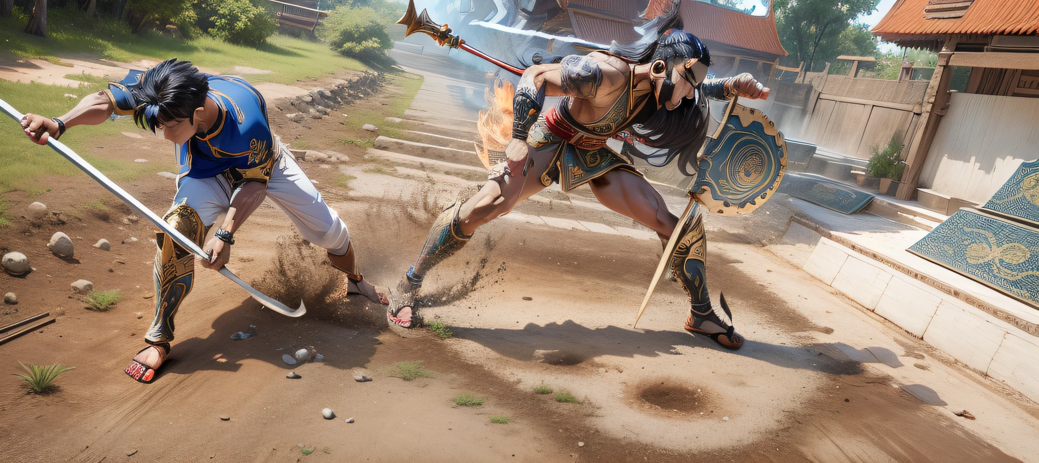 Best quality, masterpiece, ultra-detailed CG art, Thai warrior in the midst of war, displaying his courage and martial prowess, traditional Thai art style, bold colors, intricate patterns, dynamic pose, fierce expression, intense lighting, smoky background. cartoon --auto --s2