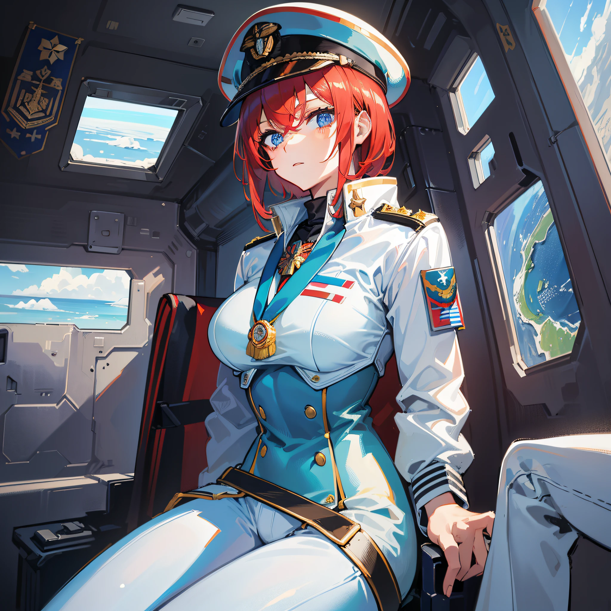 ((Masterpiece)), ((Highest Image Quality)), ((Best Quality)), (Illustration of One Girl), Full Body, 25 Years Old, Short Red Hair, (Thin Hair on Both Sides of Face), Blue Eyes, (((Tall)), ((Muscular Strong Body)), ((Manspreading)), Open Legs, (((Military Uniform)), (Military Hat)), (Military Coat)), (White Clothes), (White Pants), (White Hat), Trench Coat, ((Inside the spaceship, sitting in the captain's seat)), (outside the window, space, Earth seen from space, spaceport)